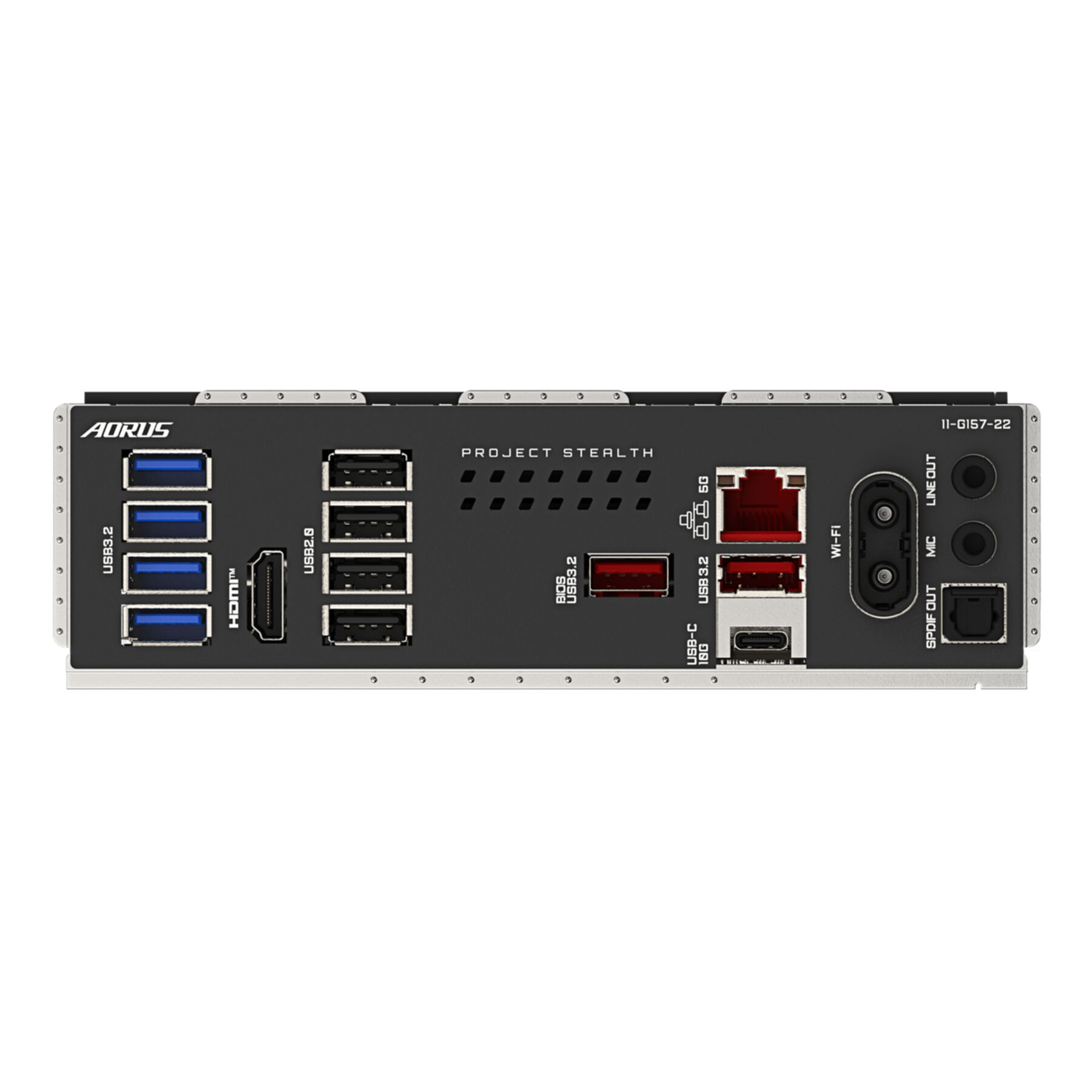 Achterkant van een pc met poorten: USB, HDMI, Ethernet, Wi-Fi, Audio.