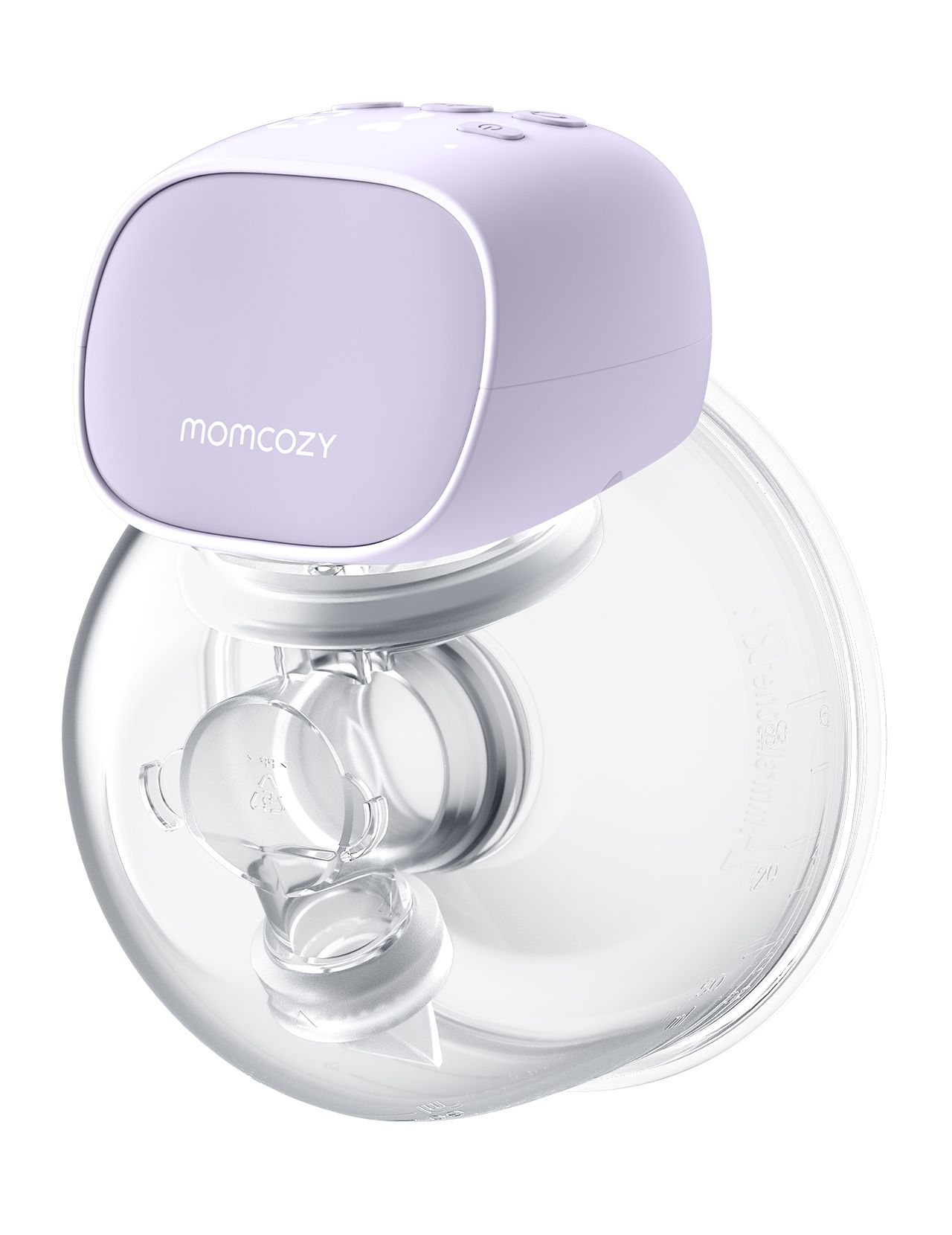 Fioletowy laktator Momcozy z przezroczystym kołnierzem i zaworkiem.
