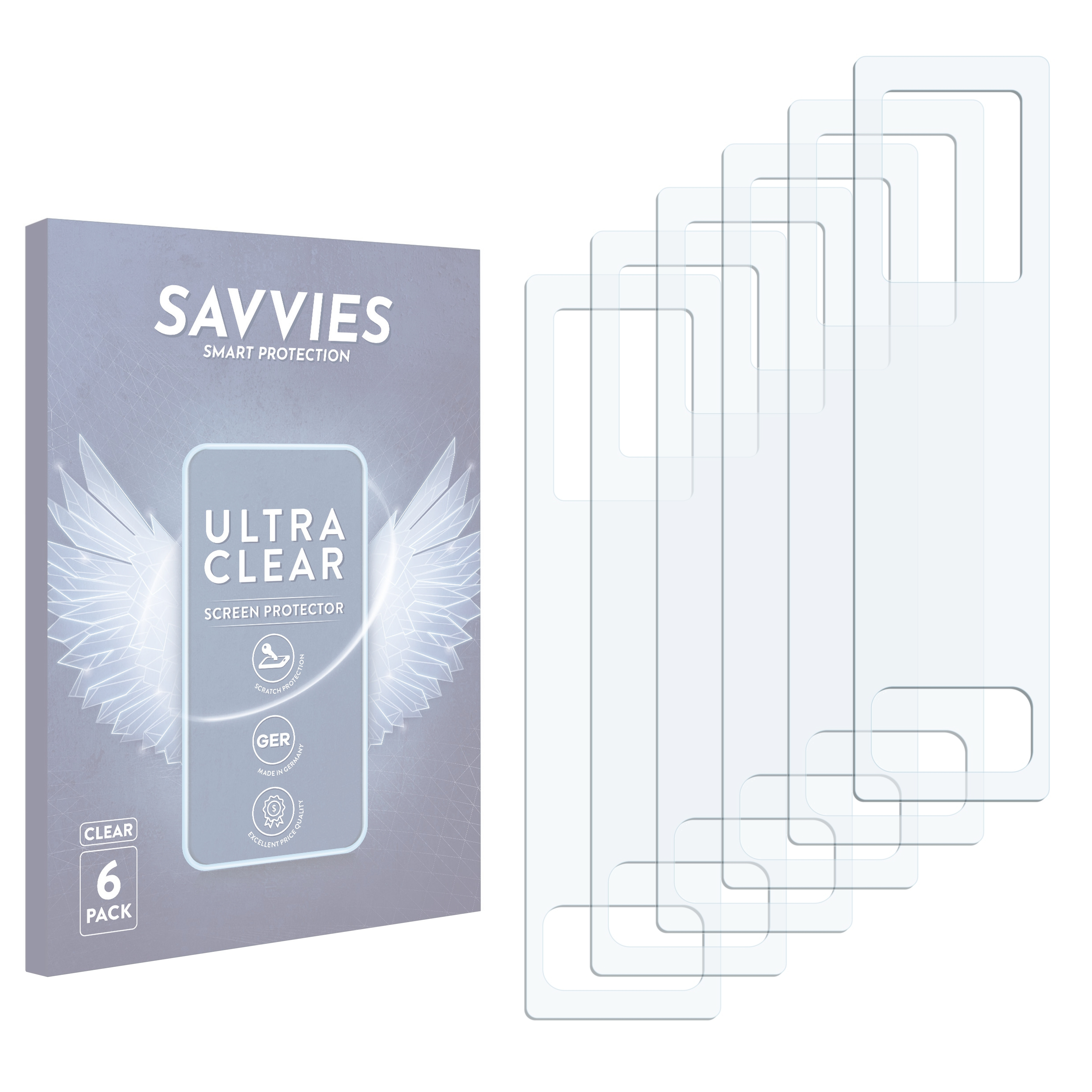 Verpackung für Savvies Displayschutzfolien, 6er Pack. Klare Folien daneben.