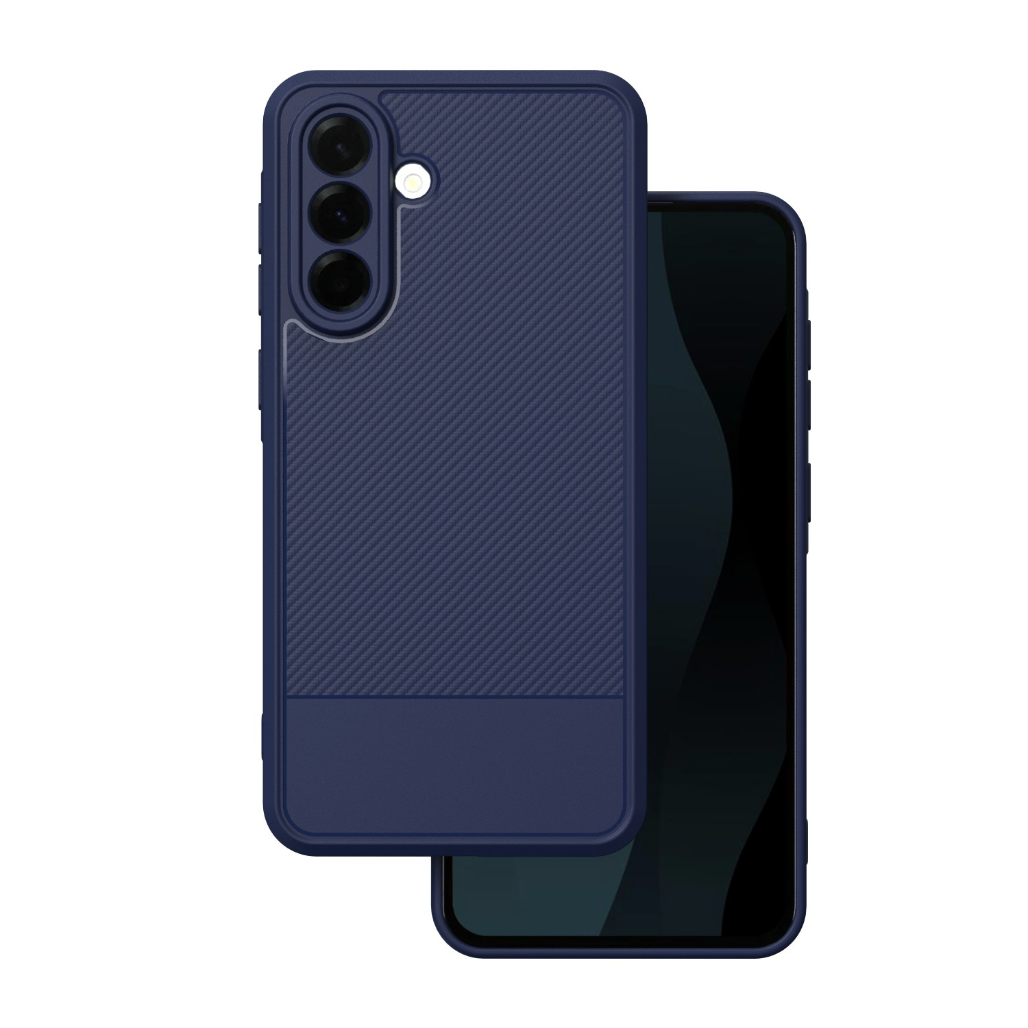 Dunkelblaues Handy mit dreifacher Kamera und Schutzhülle auf weißem Hintergrund.