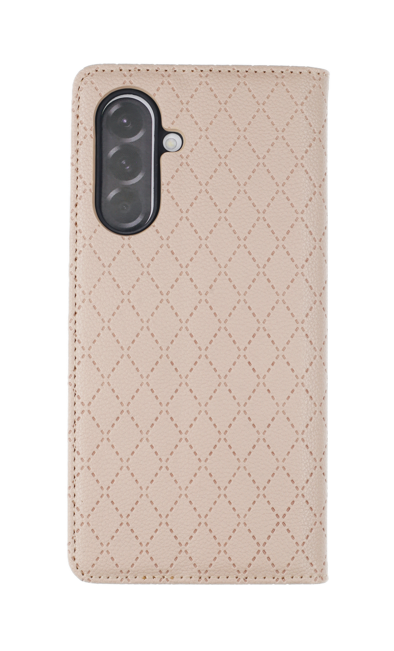 Eine beige Handyhülle mit Rautenmuster und einer Kameralinse.