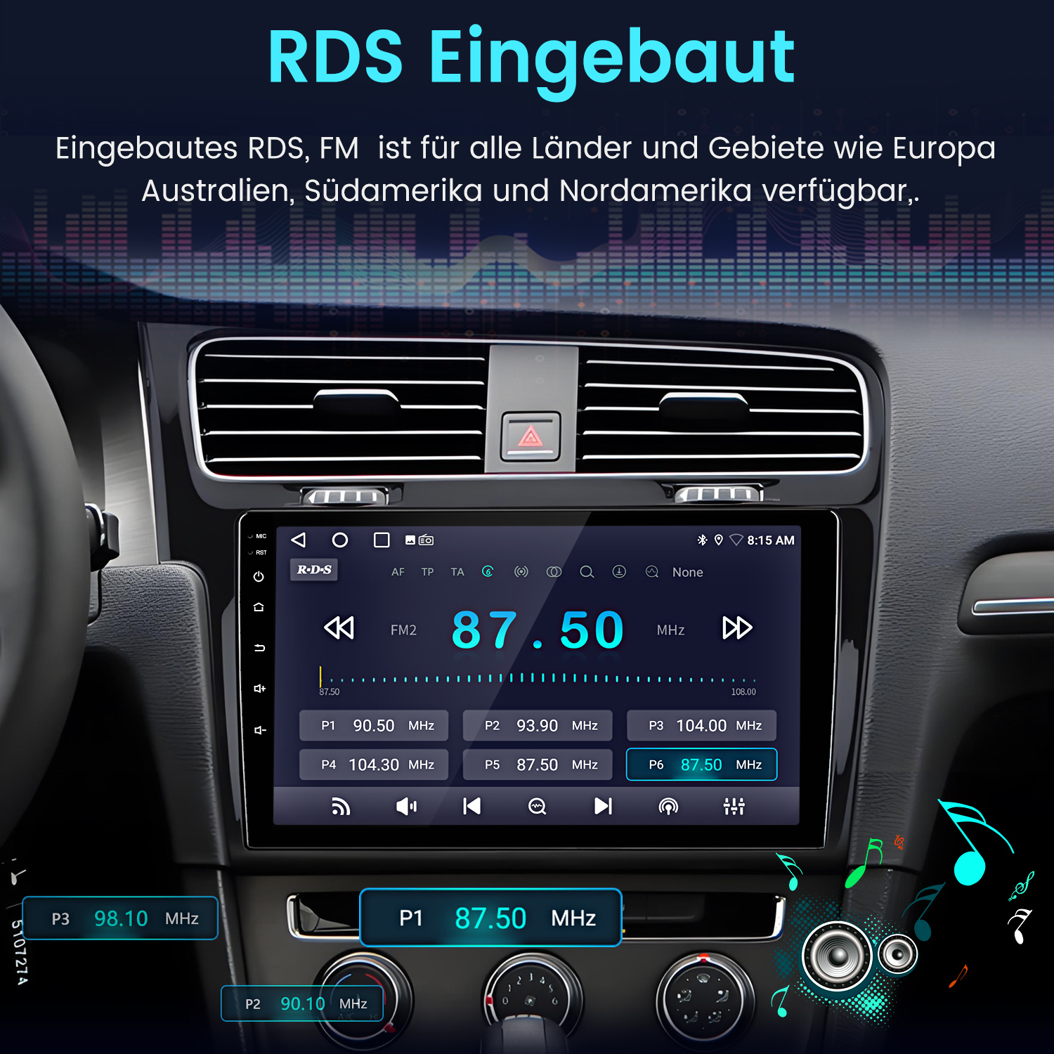Ein Autoradio-Bildschirm zeigt FM2-Sender mit 87,50 MHz an.