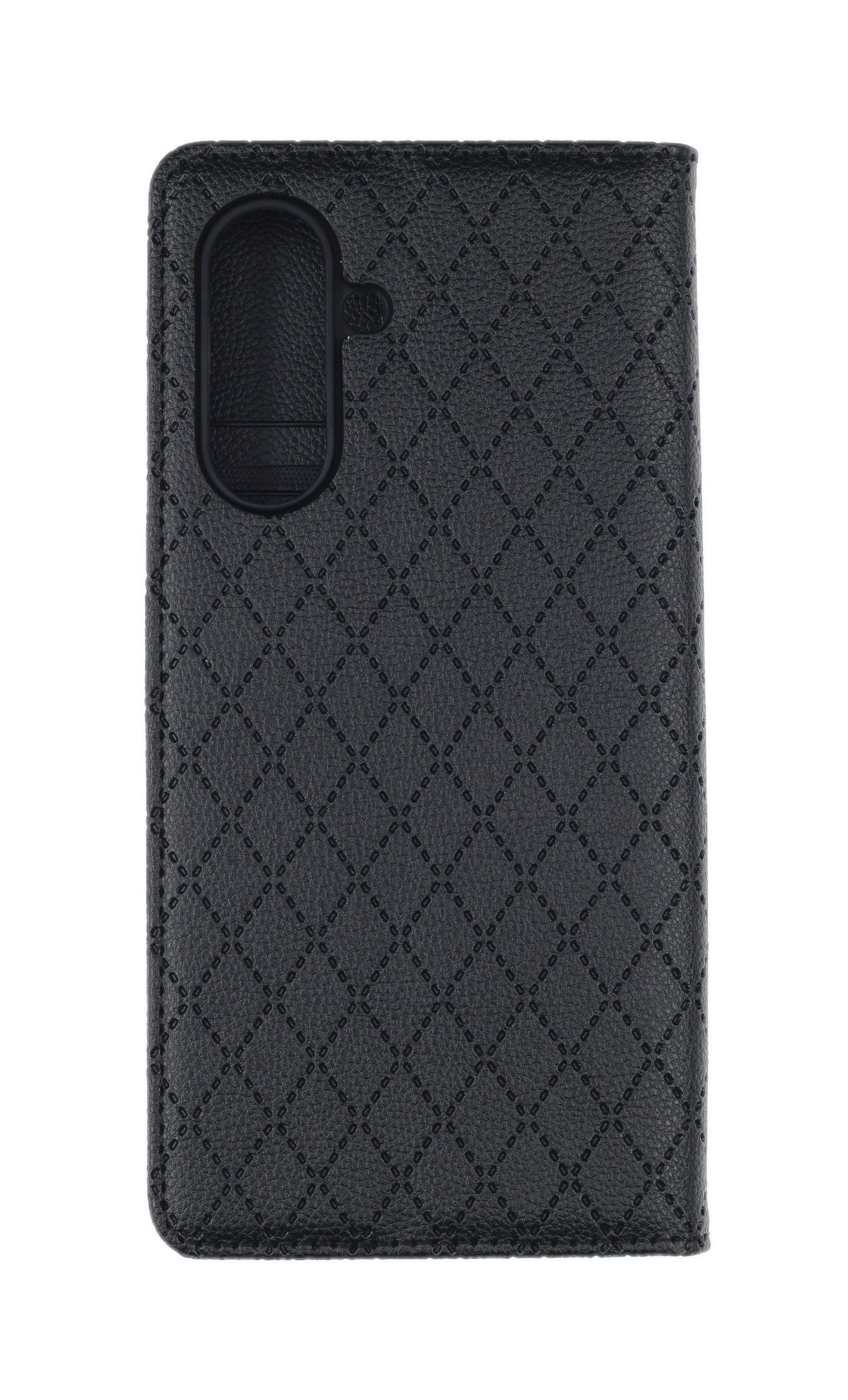 Schwarzes Handycover mit Rautenmuster und Kameraaussparung.
