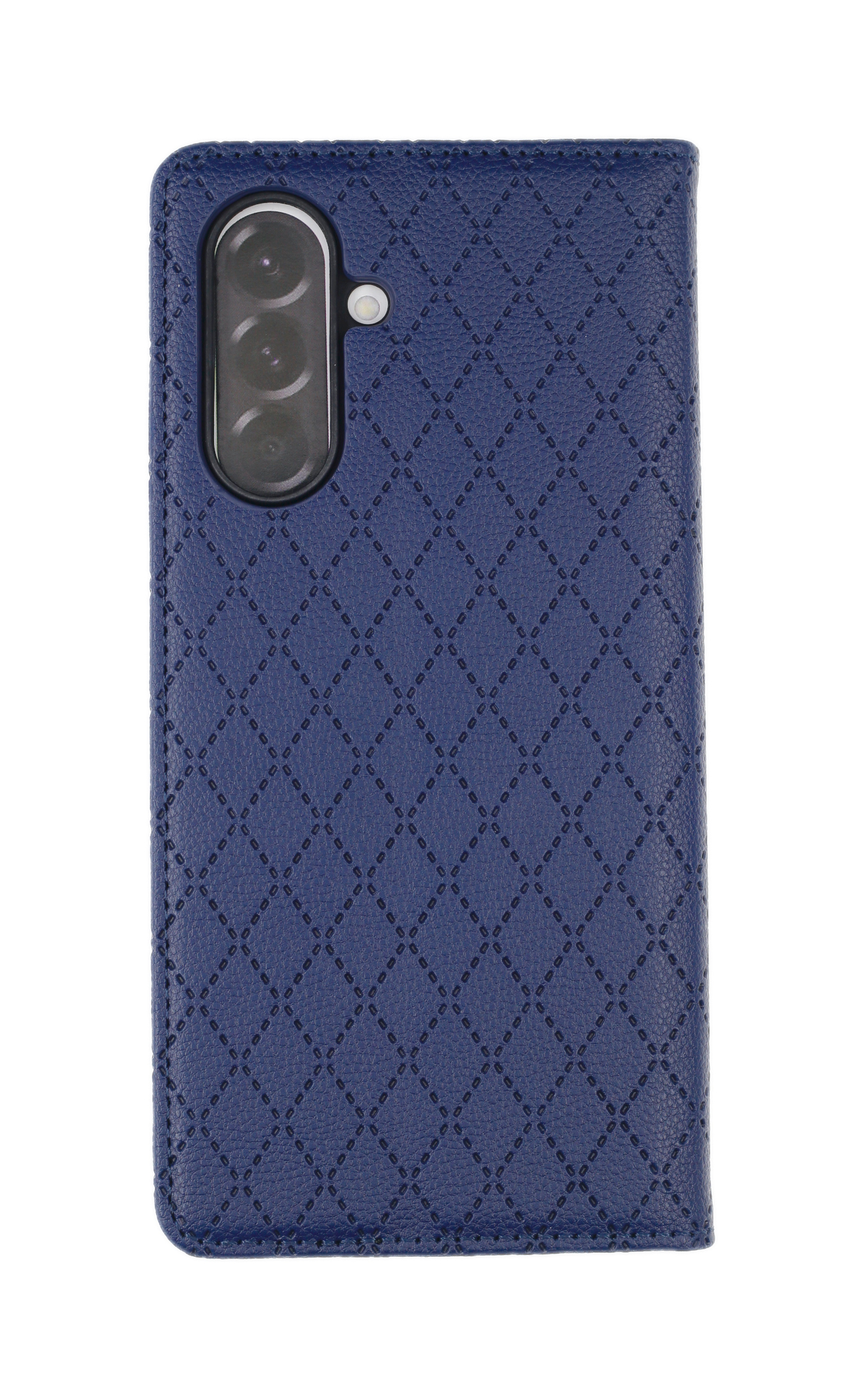 Dunkelblaue Handyhülle mit Rautenmuster und Kameraloch.
