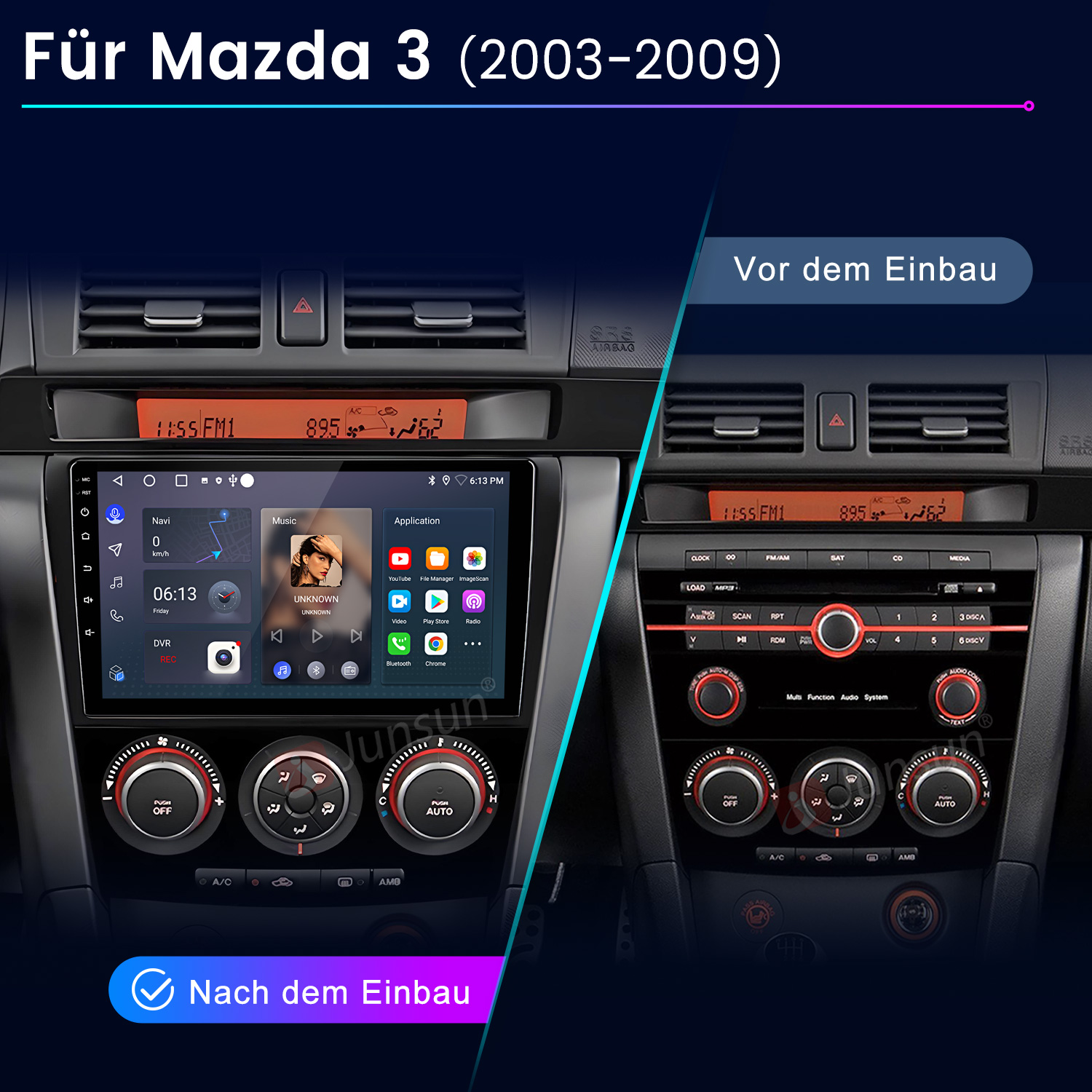 Vergleich zweier Mazda 3 Autoradios: Vor und nach dem Einbau einer neuen Einheit.