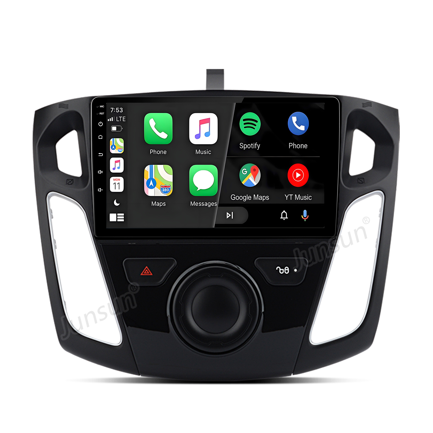 Ein Autoradio-Bildschirm zeigt Apps wie Telefon, Musik, Spotify, Karten und Google Maps.