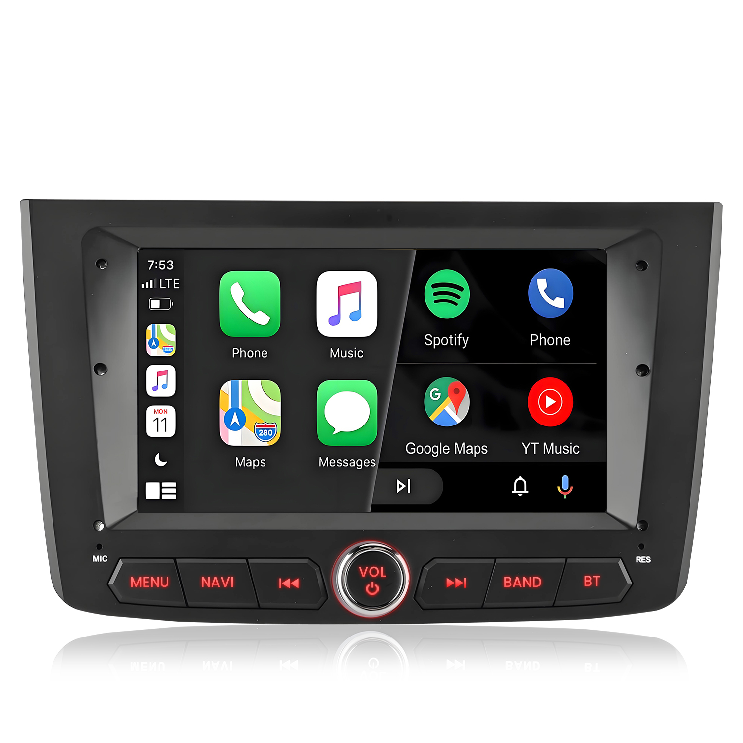 Auto-Infotainment-Bildschirm zeigt Symbole für Telefon, Musik, Spotify, Karten, Nachrichten, YT Music.
