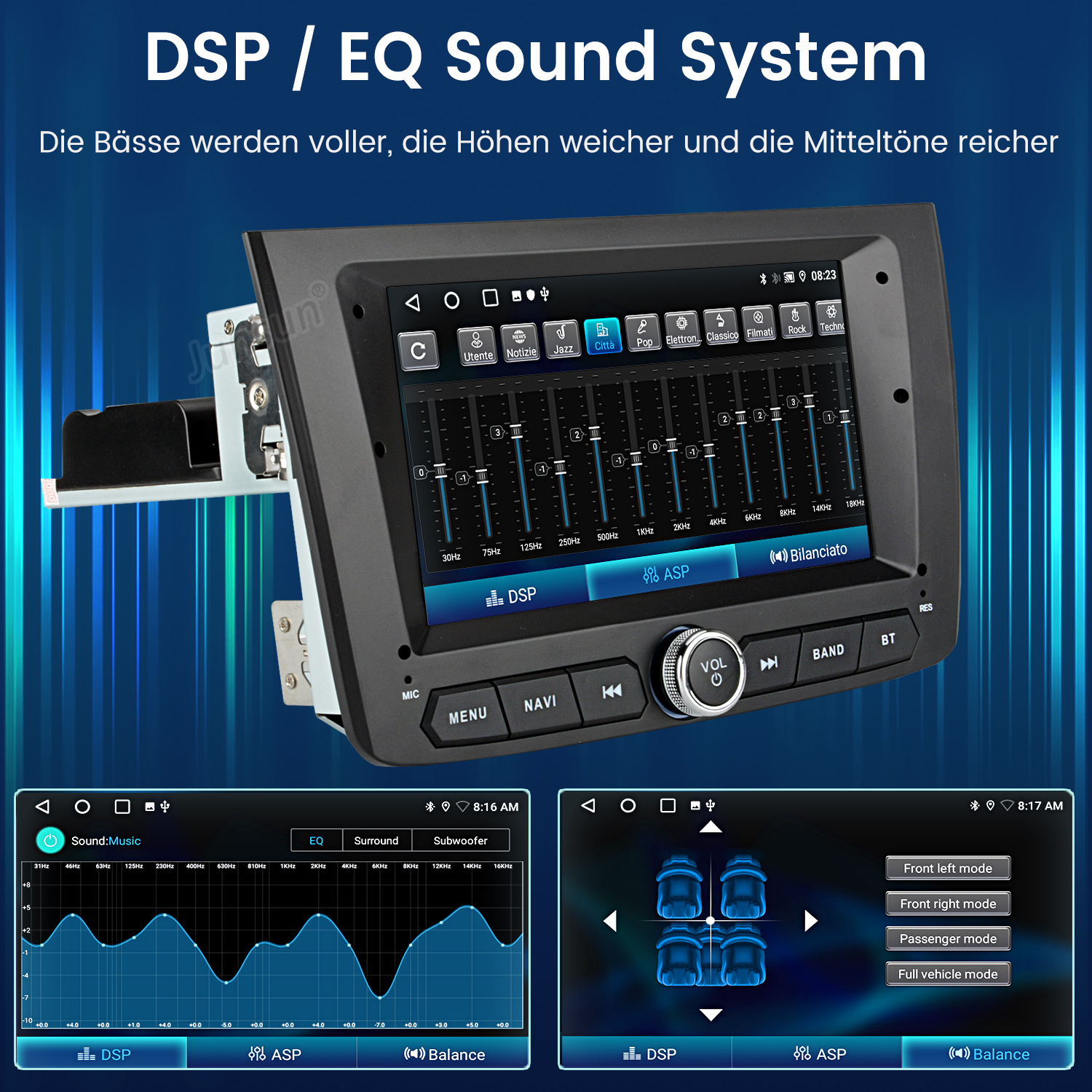 Auto-Infotainment-System mit EQ- und DSP-Einstellungen, Lautsprecher-Modi.