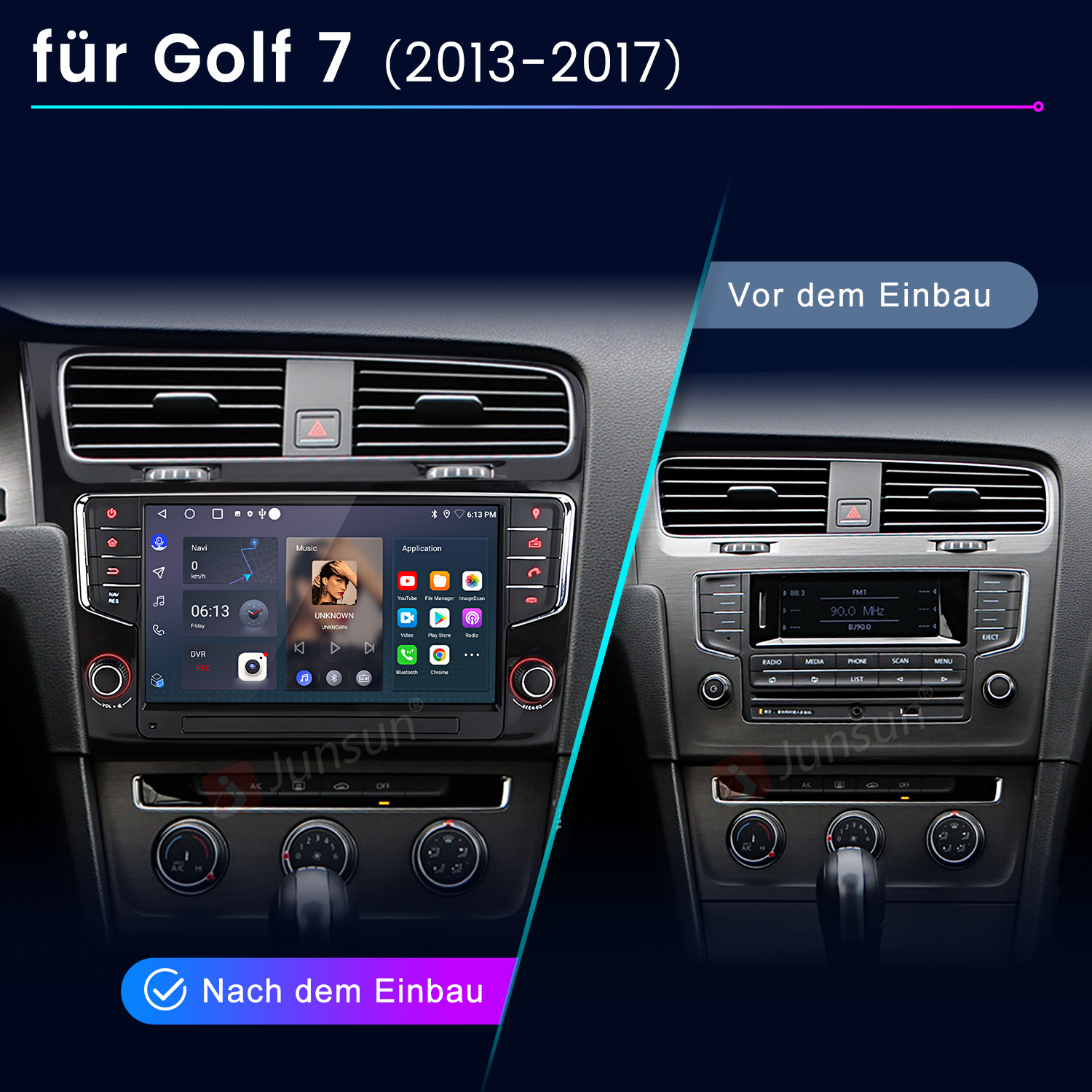 Vorher/Nachher-Vergleich eines Autoradios für Golf 7, mit Touchscreen-Display.