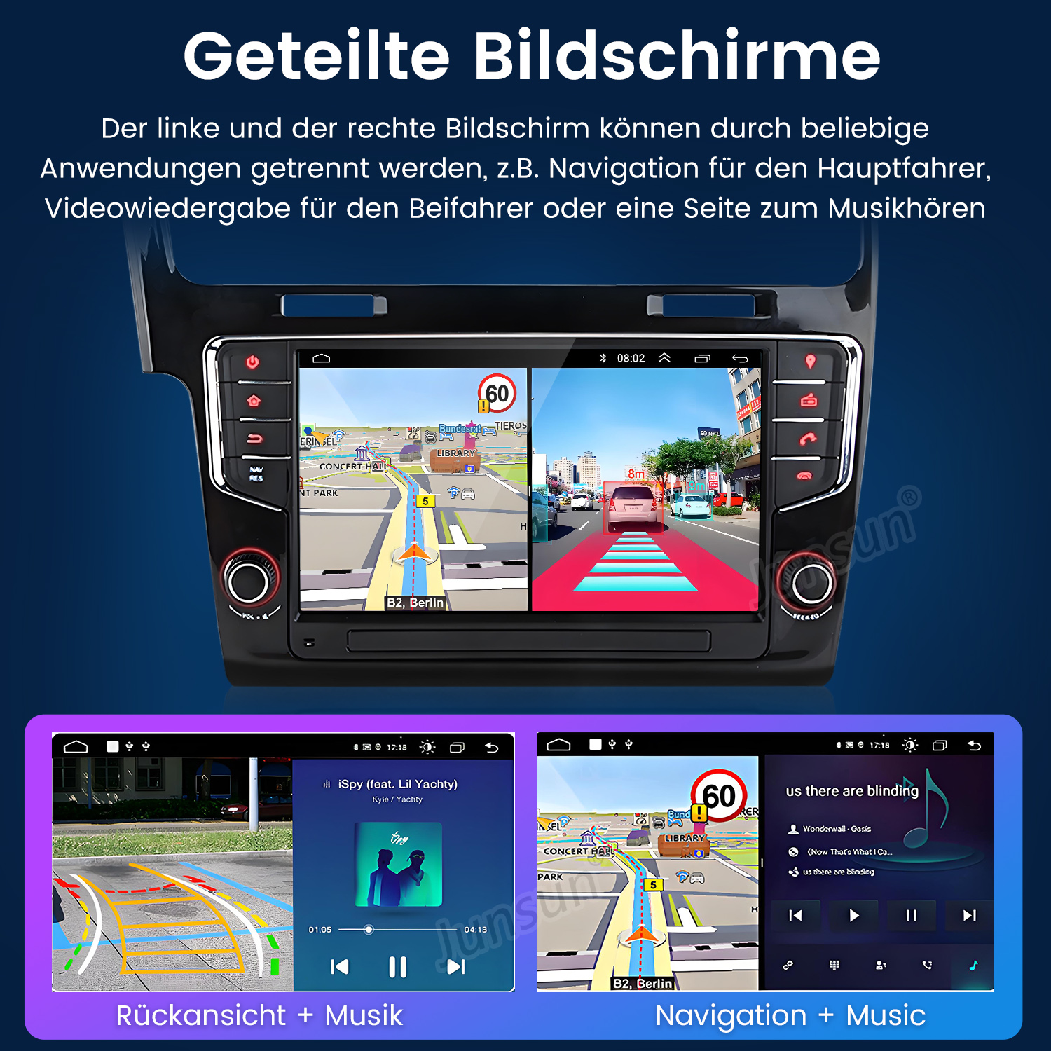 Auto-Infotainmentsystem mit geteiltem Bildschirm: Navigation, Rückfahrkamera und Musik.