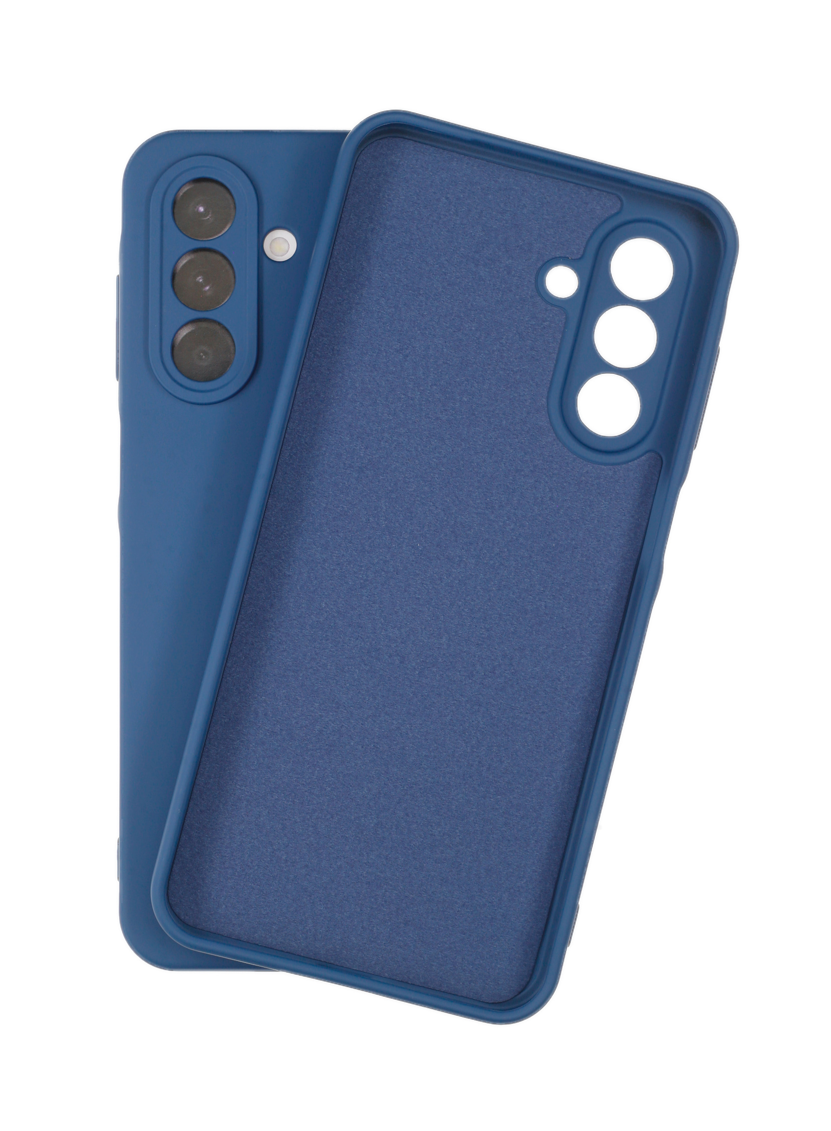 Blaue Handyhülle mit drei Kameralinsen und Blitz.