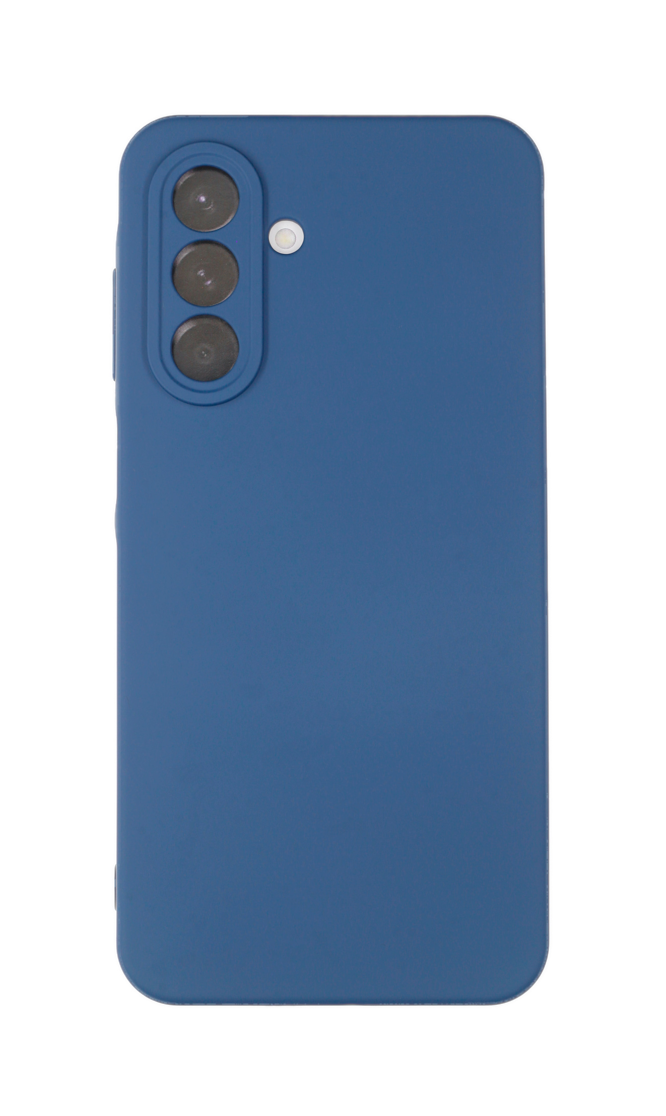 Rückseite eines blauen Smartphone-Gehäuses mit drei Kameralinsen und Blitz.