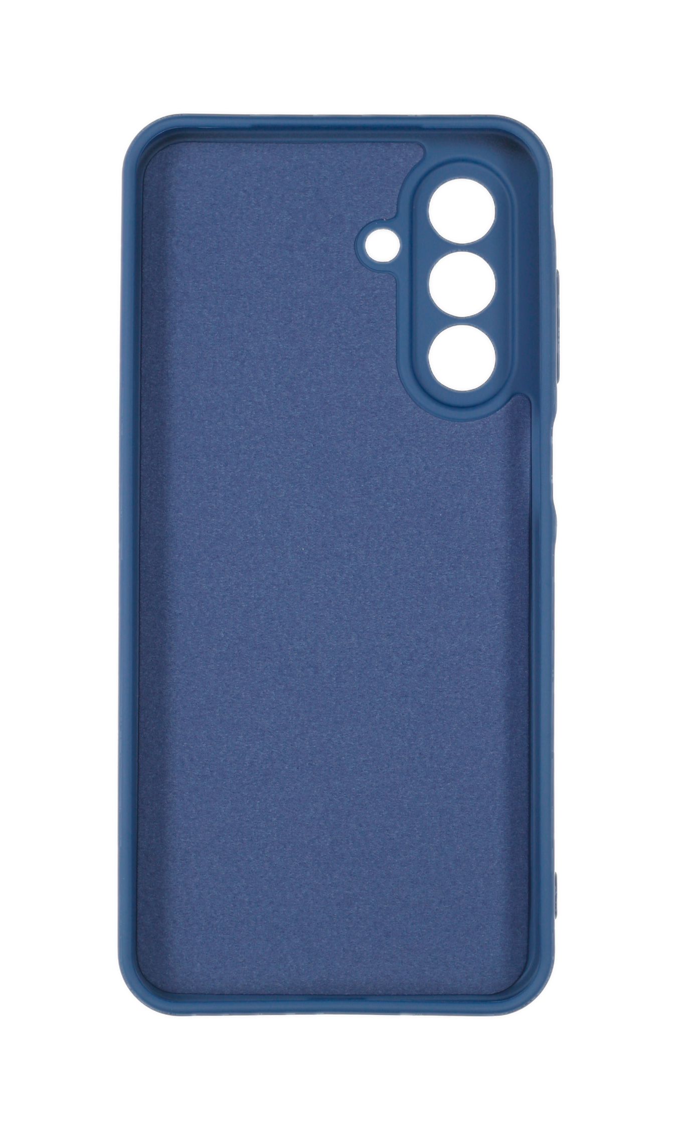 Eine blaue Handyhülle mit Ausschnitten für Kameras und Blitz auf weißem Hintergrund.