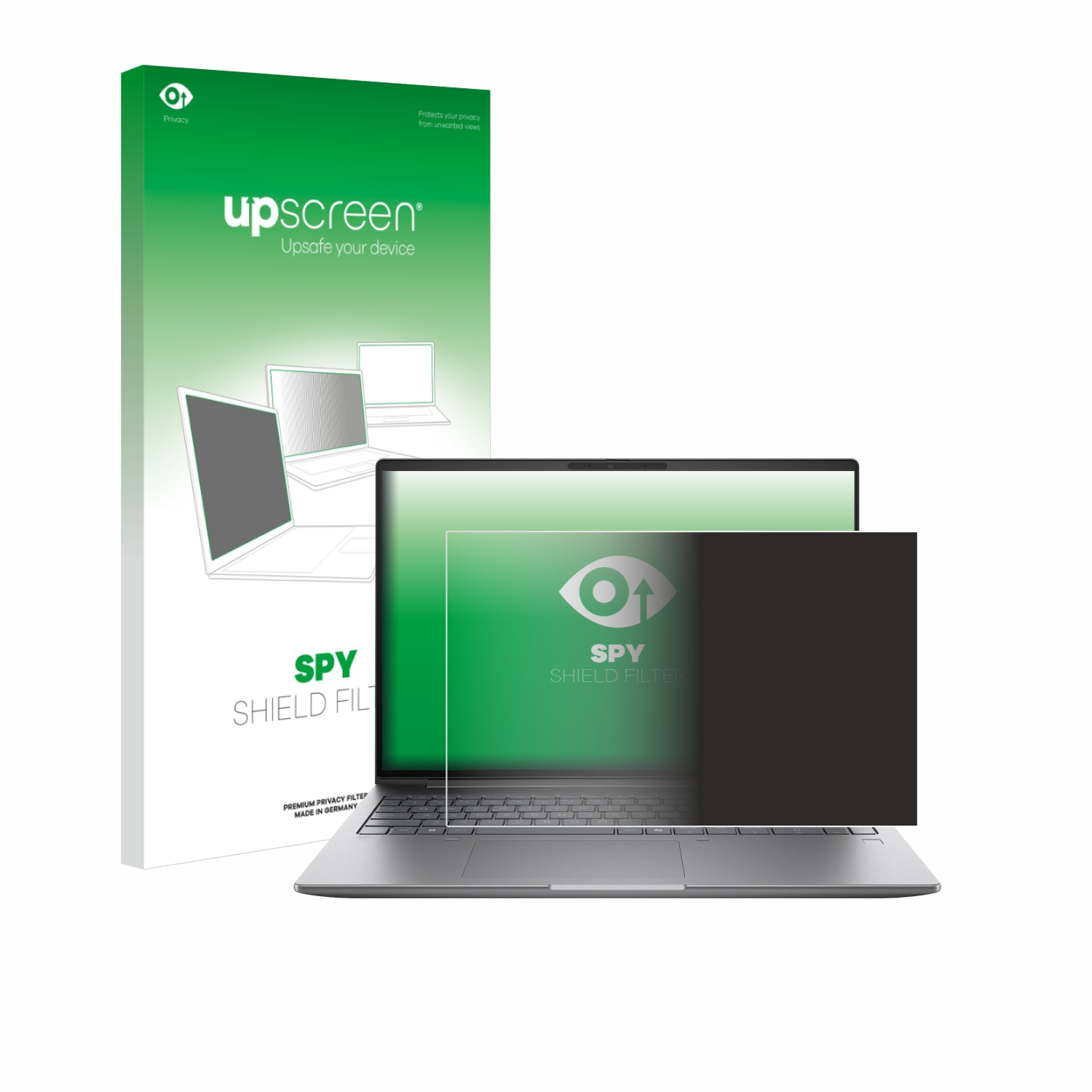Ein Laptop mit einem Sichtschutzfilter auf dem Bildschirm und einer Produktverpackung daneben.