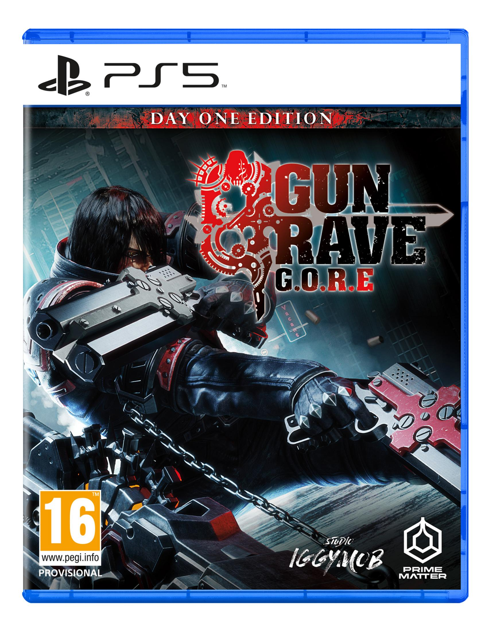 Gra PS5 "Gun Rave G.O.R.E." z opancerzonym wojownikiem i bronią.
