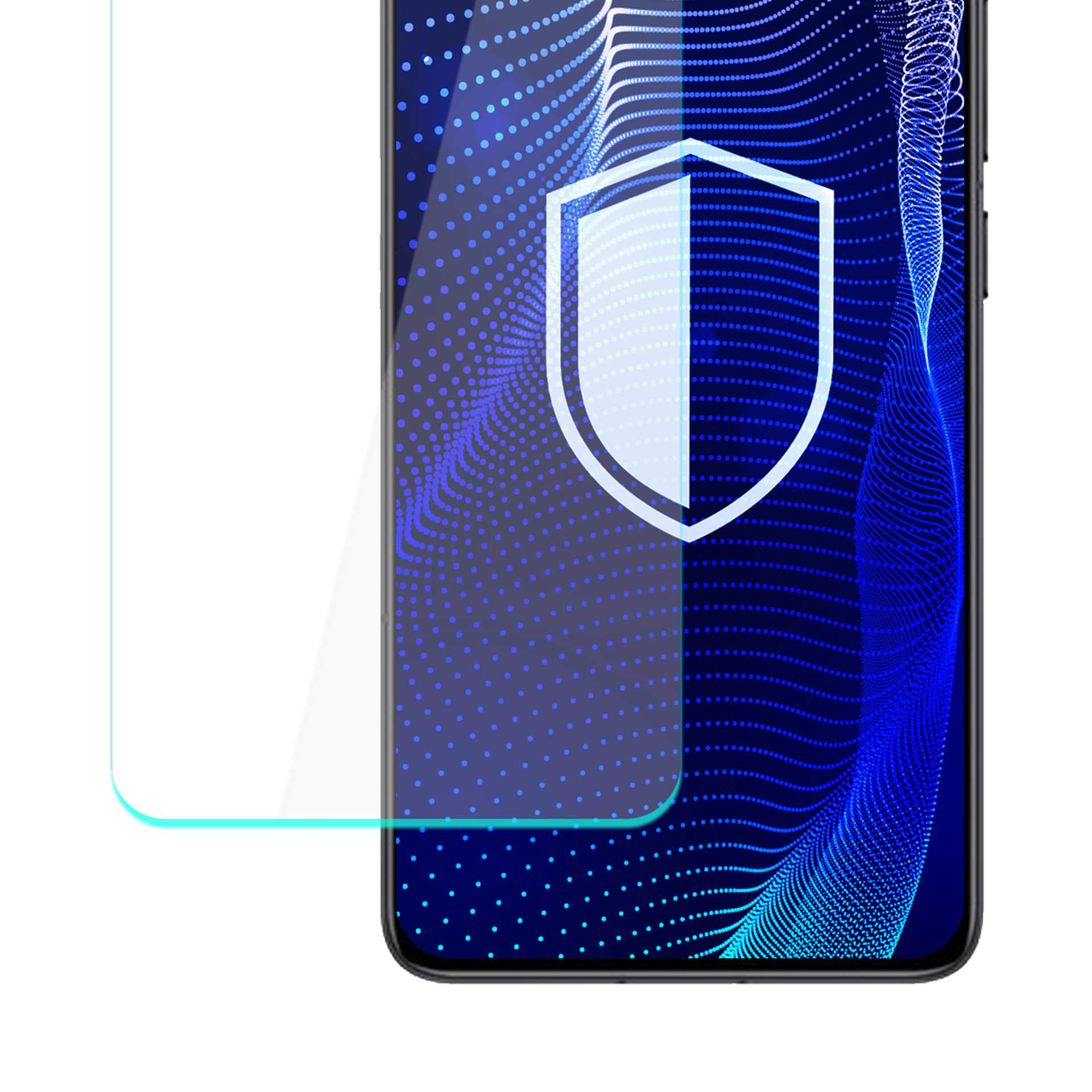 Uno smartphone con protezione schermo e icona scudo su motivo blu.