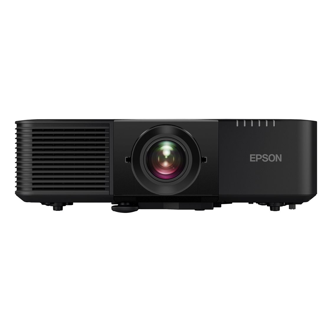 Black Epson projector with lens at the front and vents on the side.