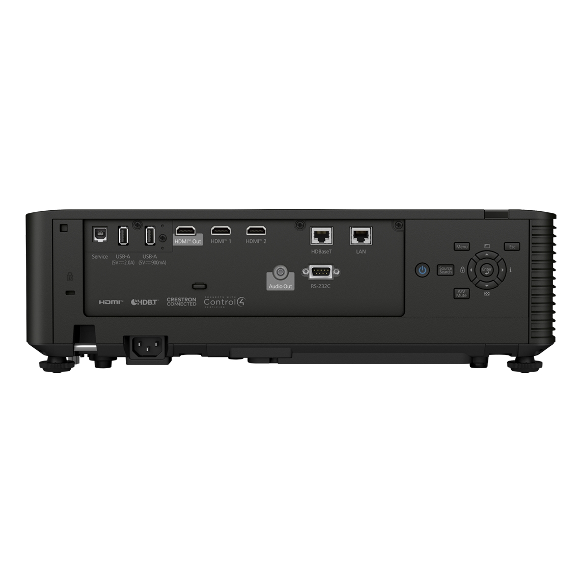Rear view of a black projector showing ports like HDMI, USB, HDBaseT, LAN, and RS-232C.