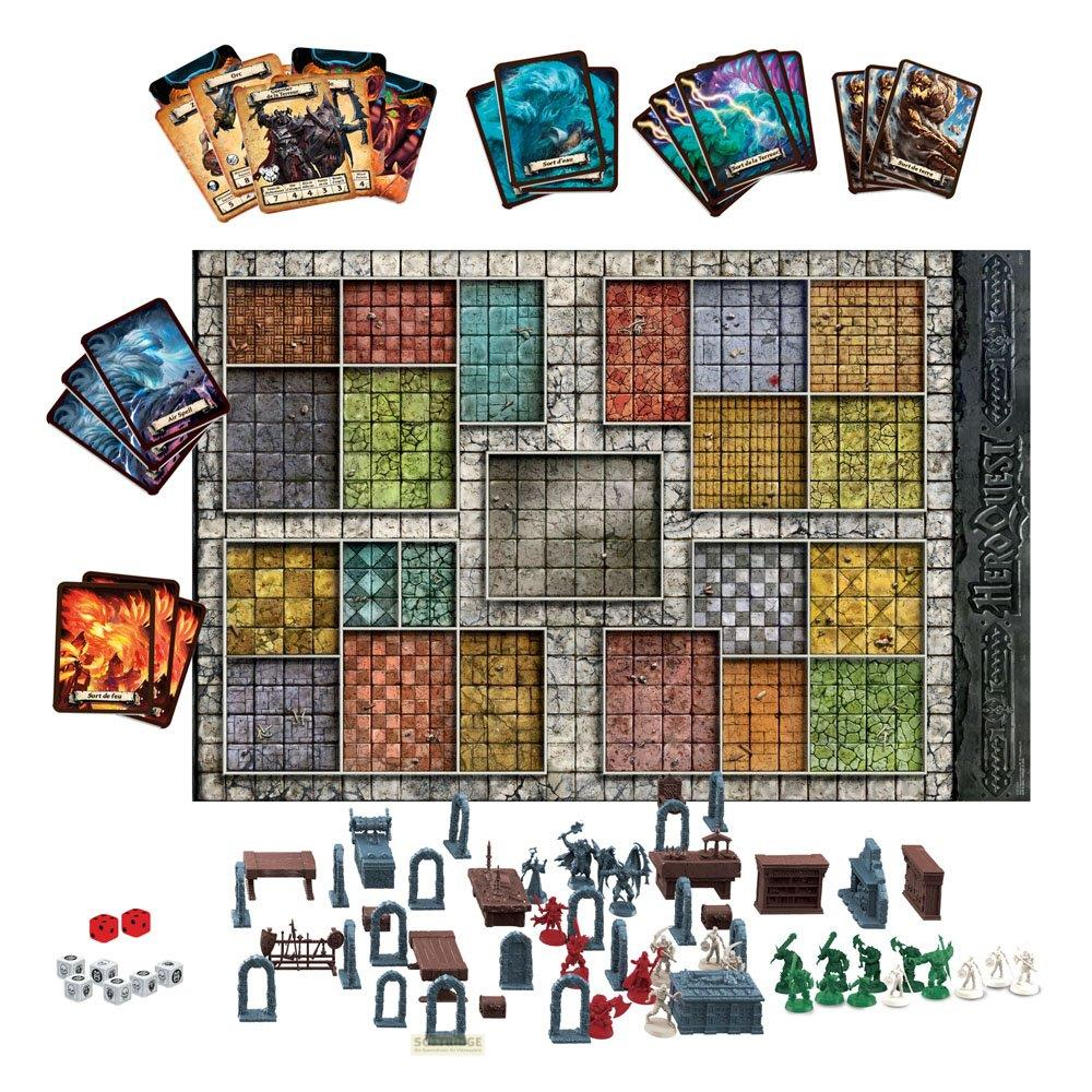 Juego de mesa con tablero, cartas, dados y figuras.