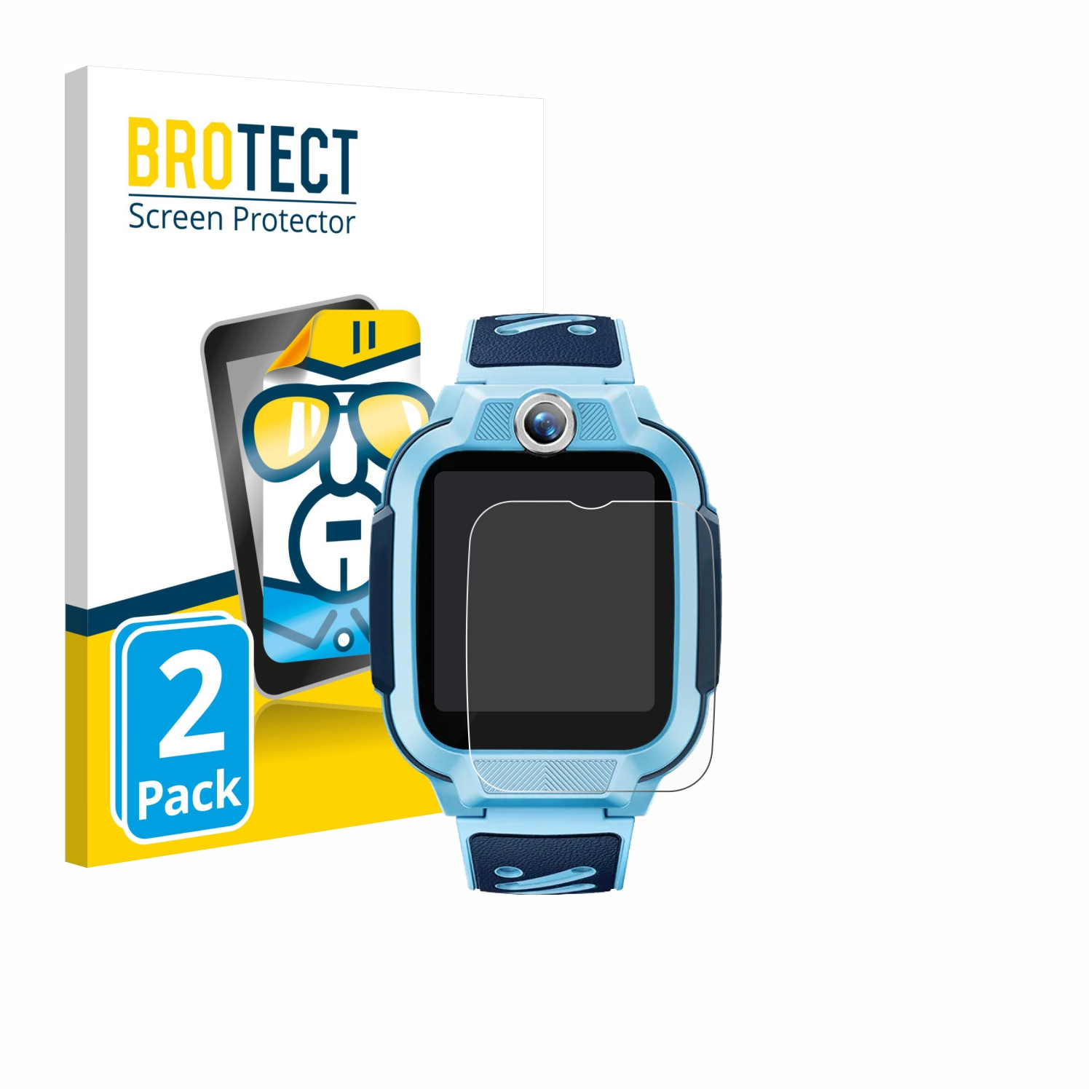Blaues Smartwatch mit Displayschutzfolie und Verpackung. 2er Pack.