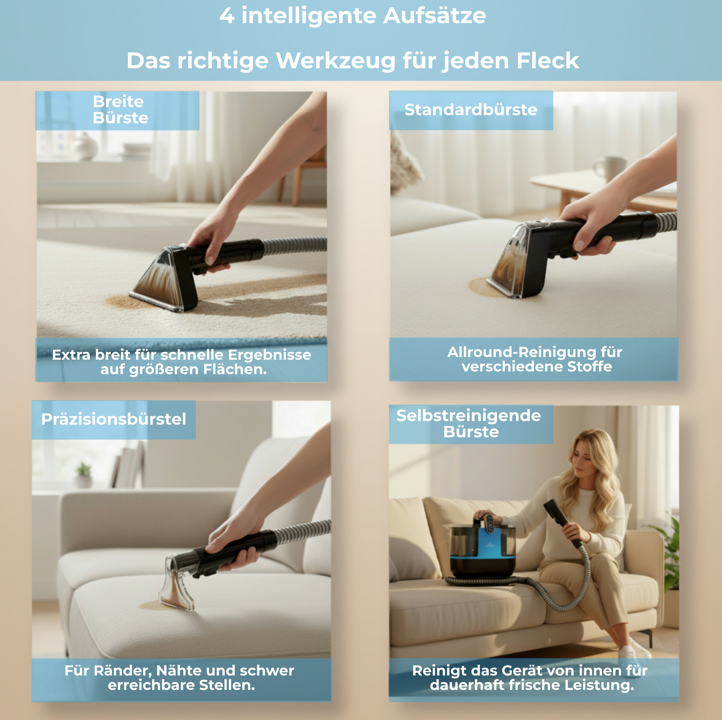 Vier Bürstenaufsätze für verschiedene Reinigungsaufgaben auf Teppich und Polstern.