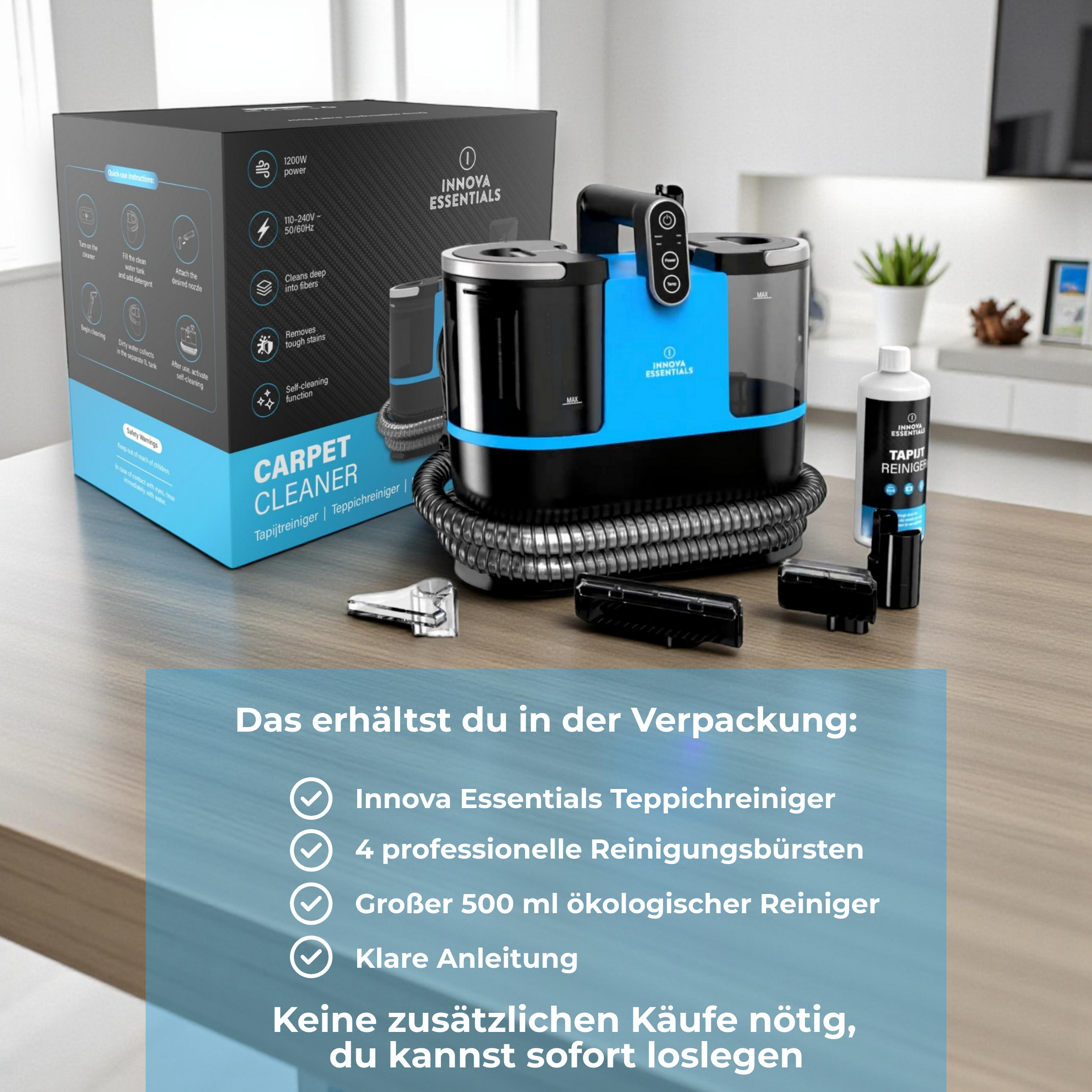 Ein blauer und schwarzer Teppichreiniger mit Zubehör und Reinigungsmittel.