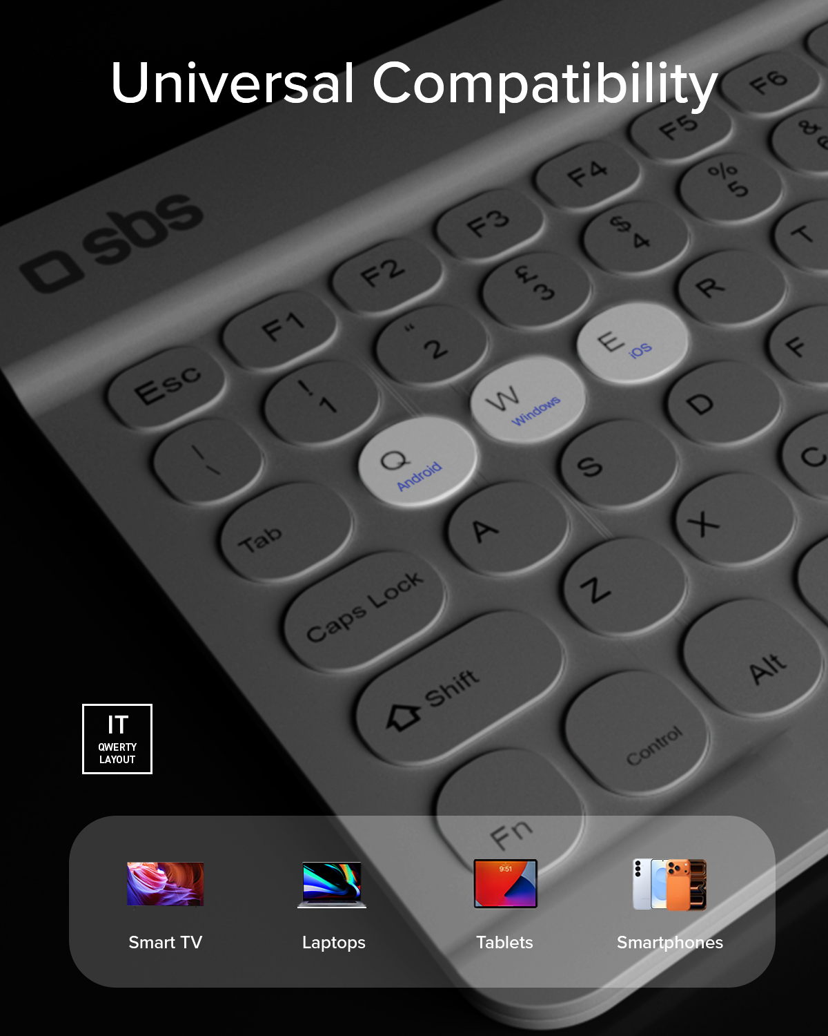 Una tastiera con logo "Universal Compatibility", tasti per Android, Windows e iOS.