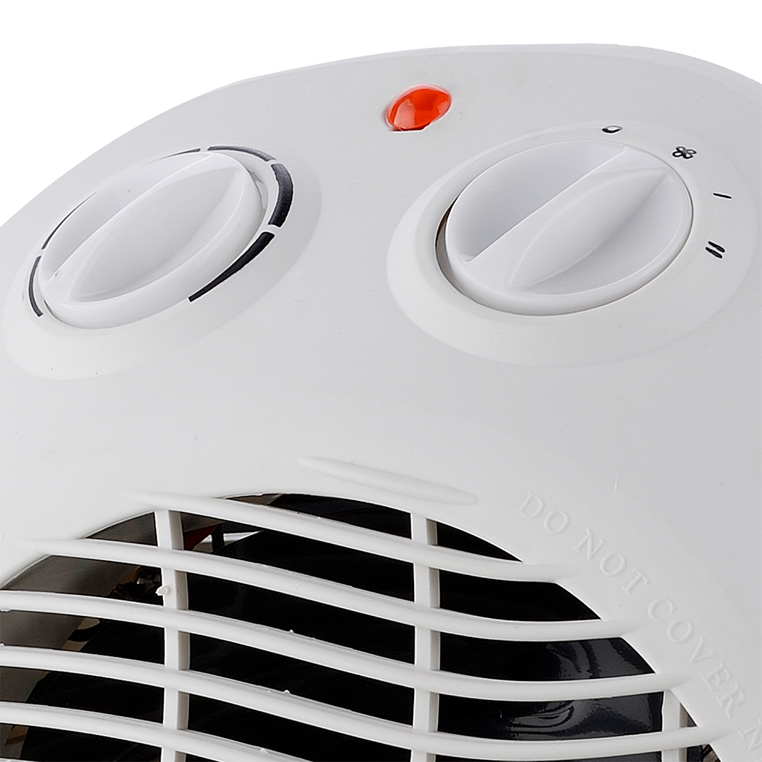 Calentador blanco con dos diales, luz indicadora roja y rejilla de ventilador.