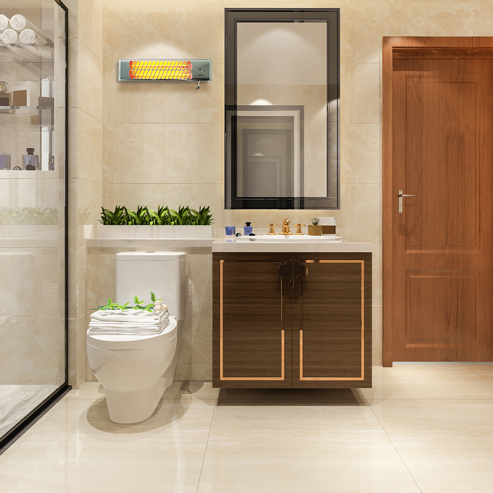 Baño moderno con inodoro, lavabo, espejo y calefactor en pared.