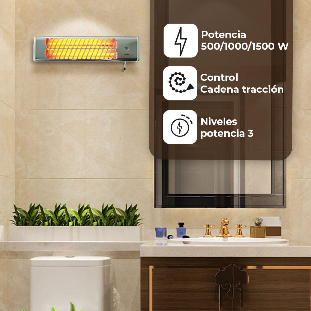 Un calentador de pared con 3 niveles de potencia (500/1000/1500W).