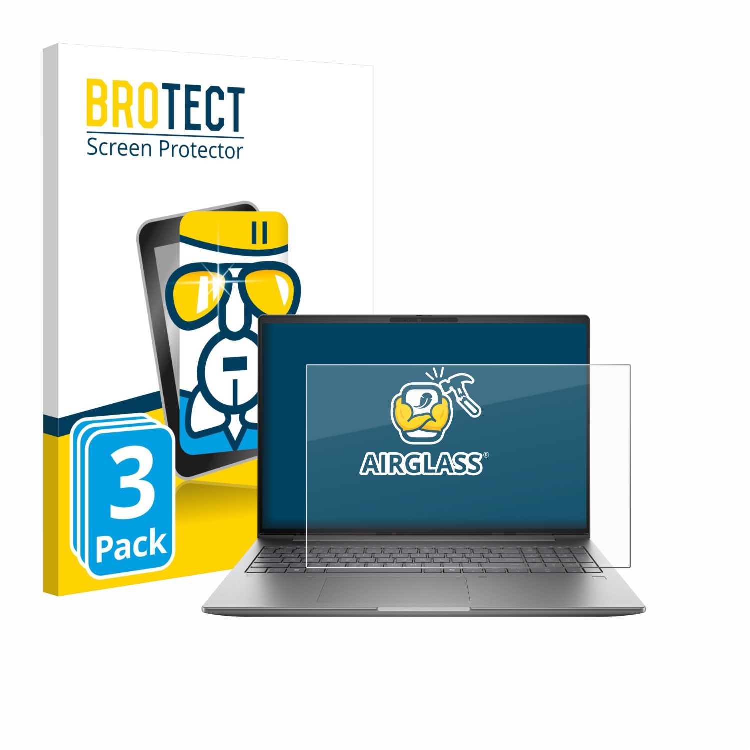 BROTECT Laptop Schutzfolie 3er Pack mit Cartoon-Figur und Laptop.