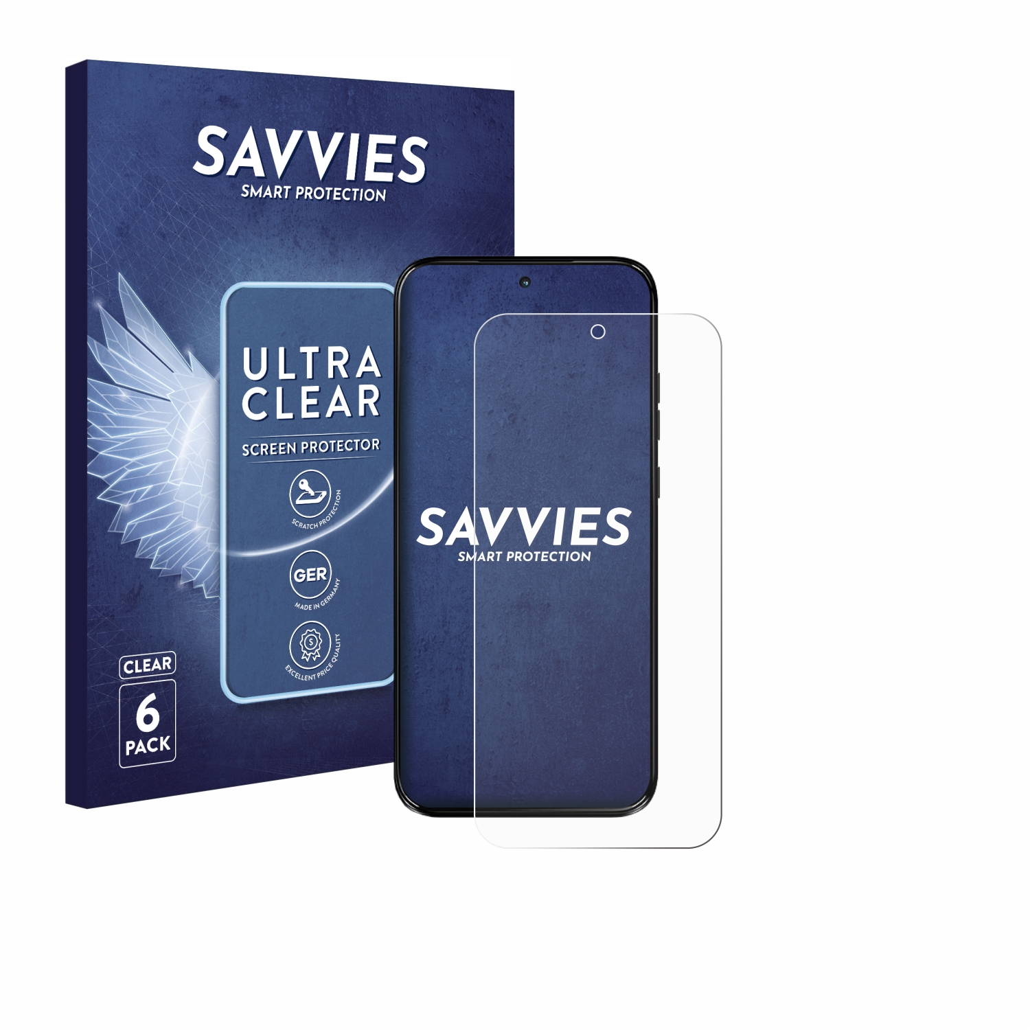Savvies Displayschutzfolie für Smartphones im 6er-Pack, auf einem Handy.