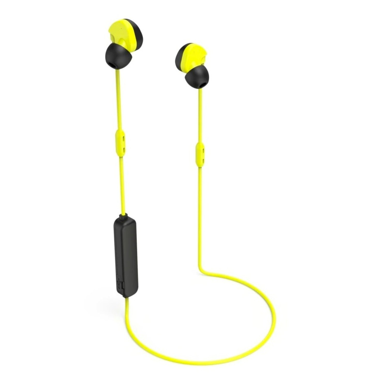 Żółte i czarne słuchawki przewodowe na białym tle.