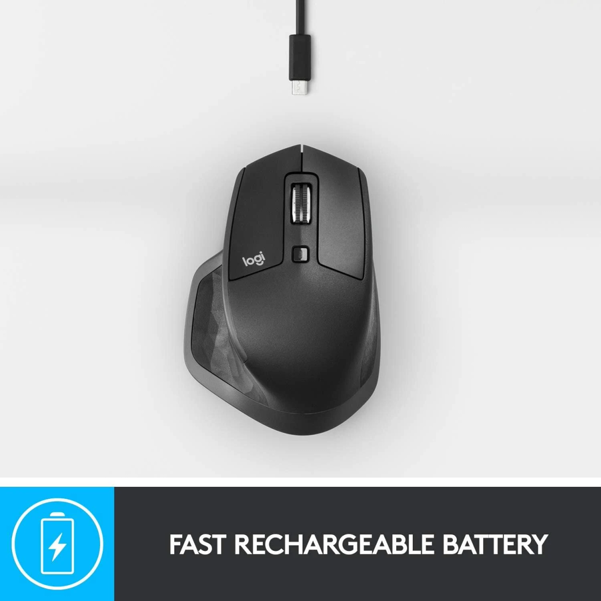 Ratón Logitech negro con cable USB-C e icono de batería.