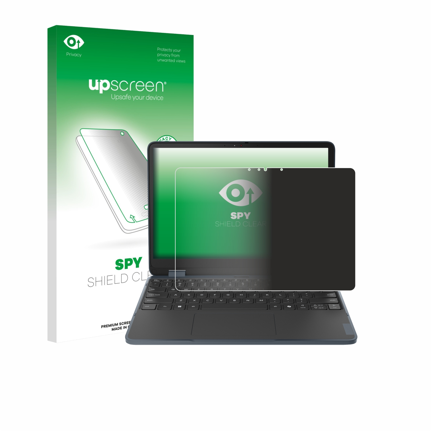 Laptop mit schwarzem Sichtschutz und Verpackung. Tastatur sichtbar.