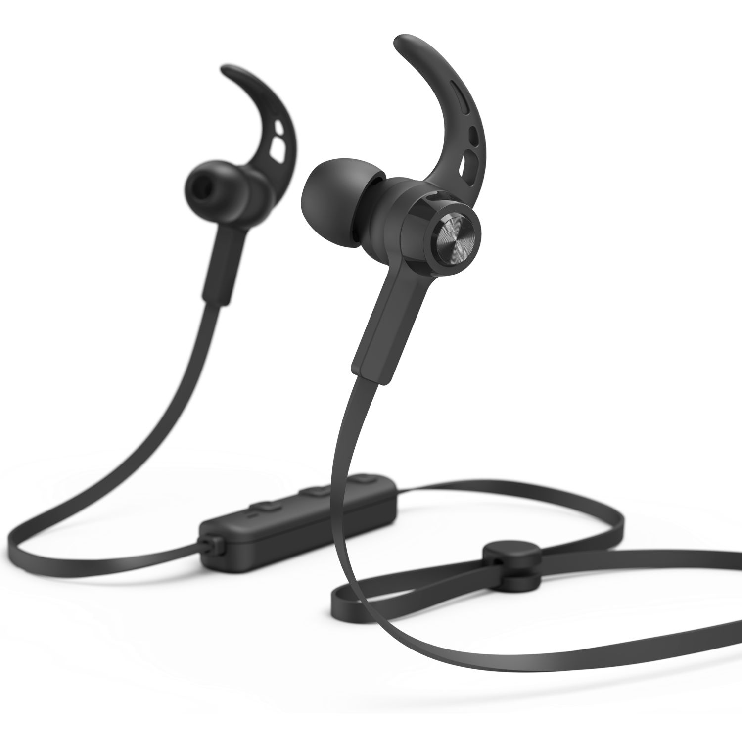 Czarne słuchawki douszne z przewodem i pilotem inline.