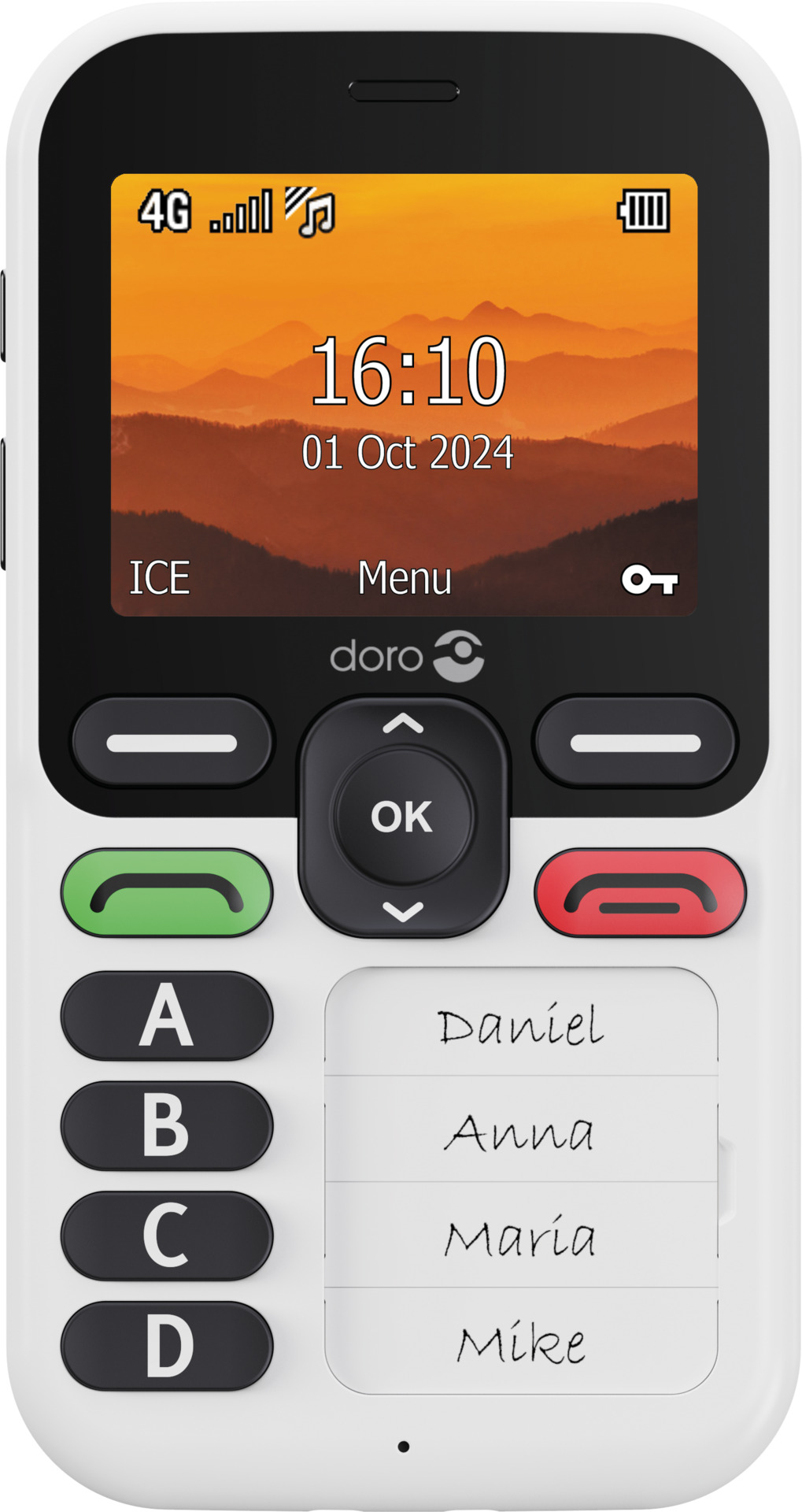 A white Doro mobile phone displaying time, date and menu options on screen.