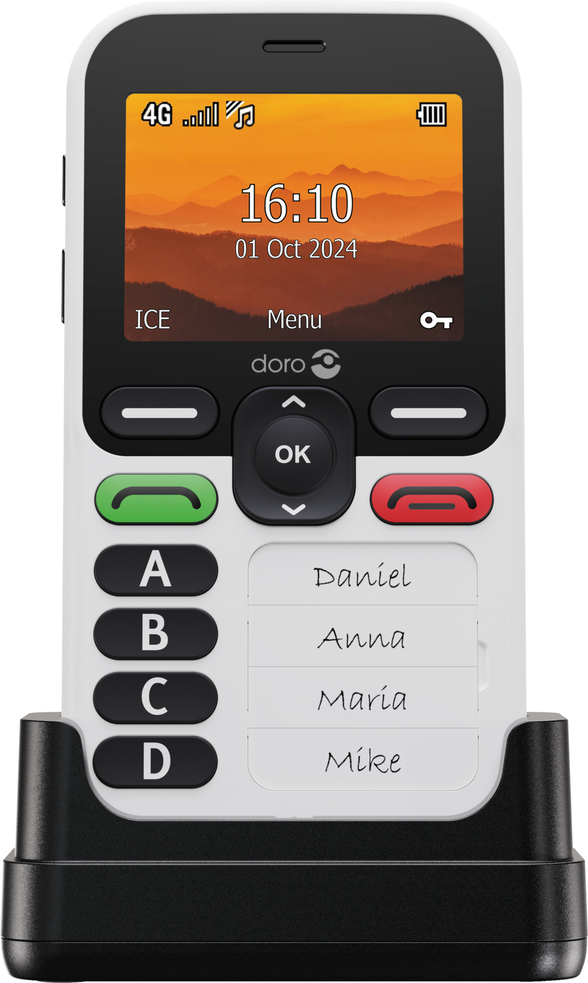 A Doro phone with name stickers, standing in a charging cradle.