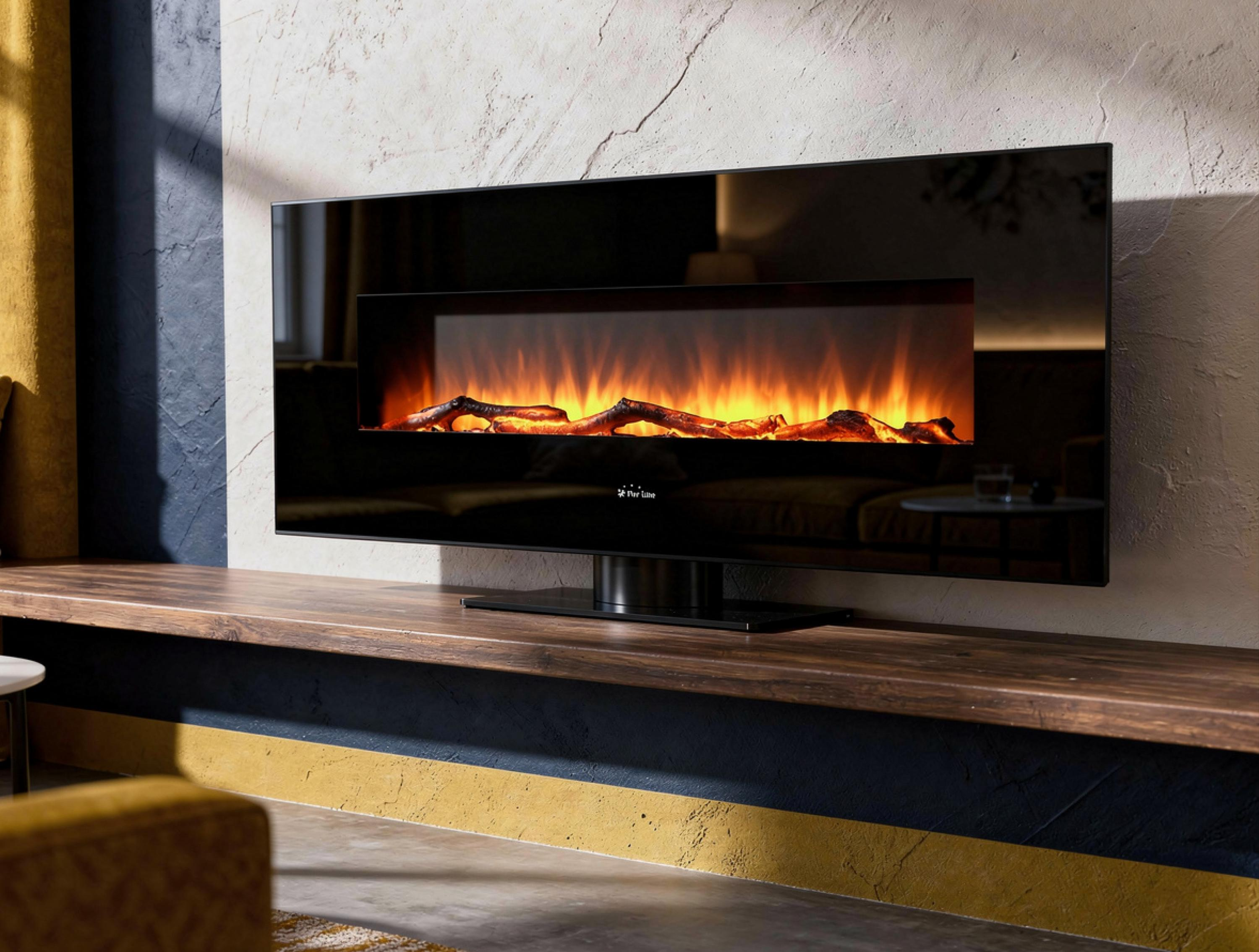 Chimenea eléctrica moderna con efecto de llama sobre estante de madera.