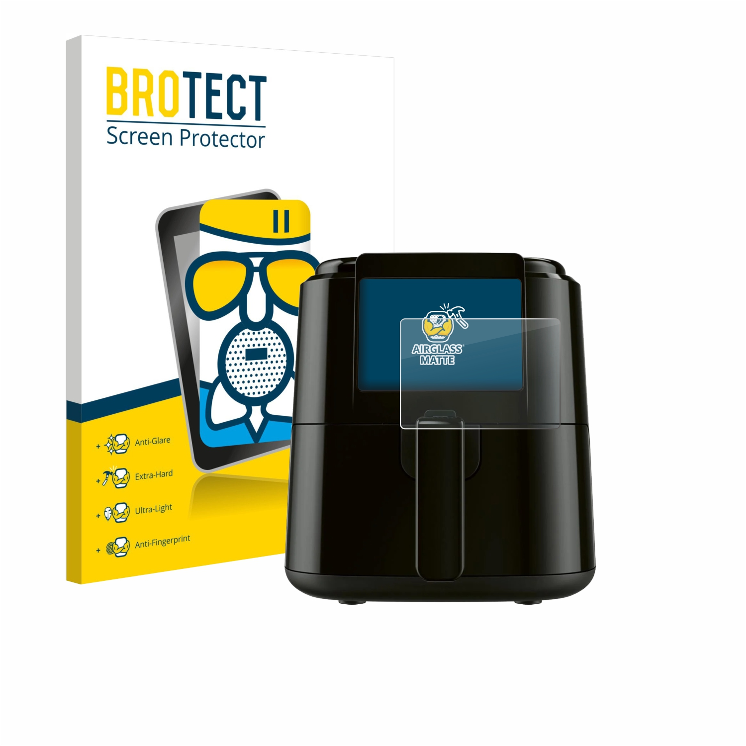 Ein schwarzer Airfryer steht neben einer Verpackung für BROTECT Displayschutzfolien.
