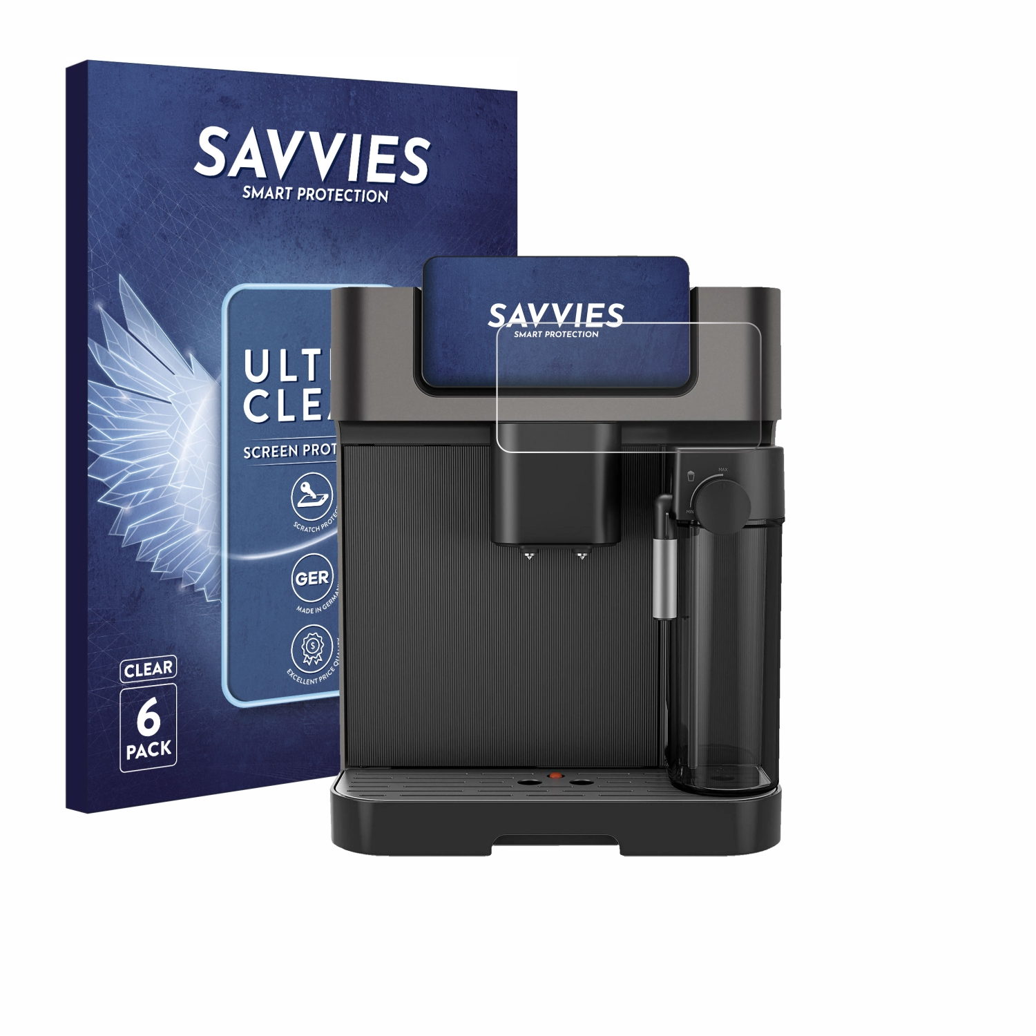 Eine schwarze Kaffeemaschine steht neben einer blauen Schachtel SAVVIES Displayschutzfolien.