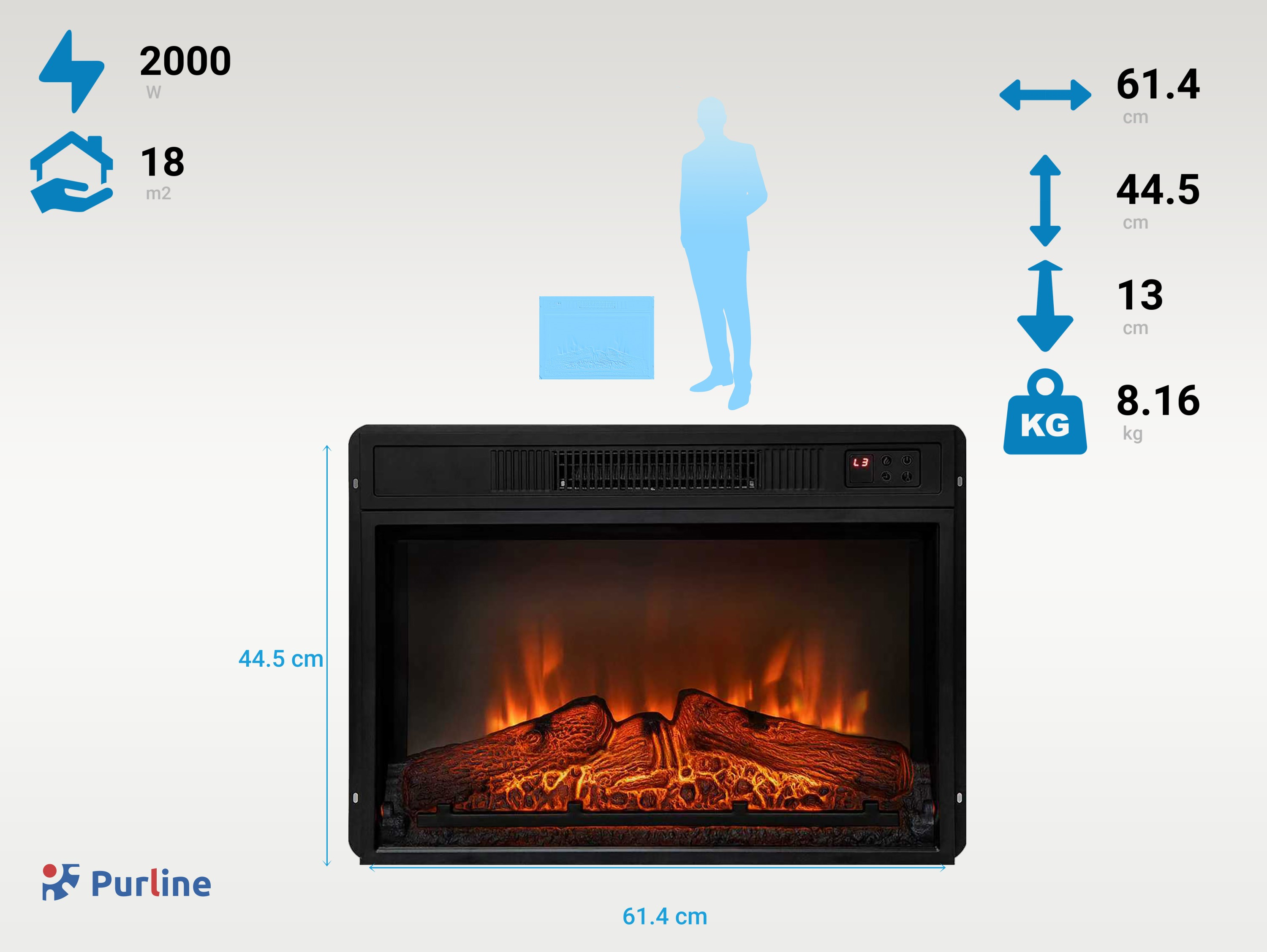 Elektrischer Kamin, 2000W, 18m2, 61.4x44.5x13cm, 8.16kg.