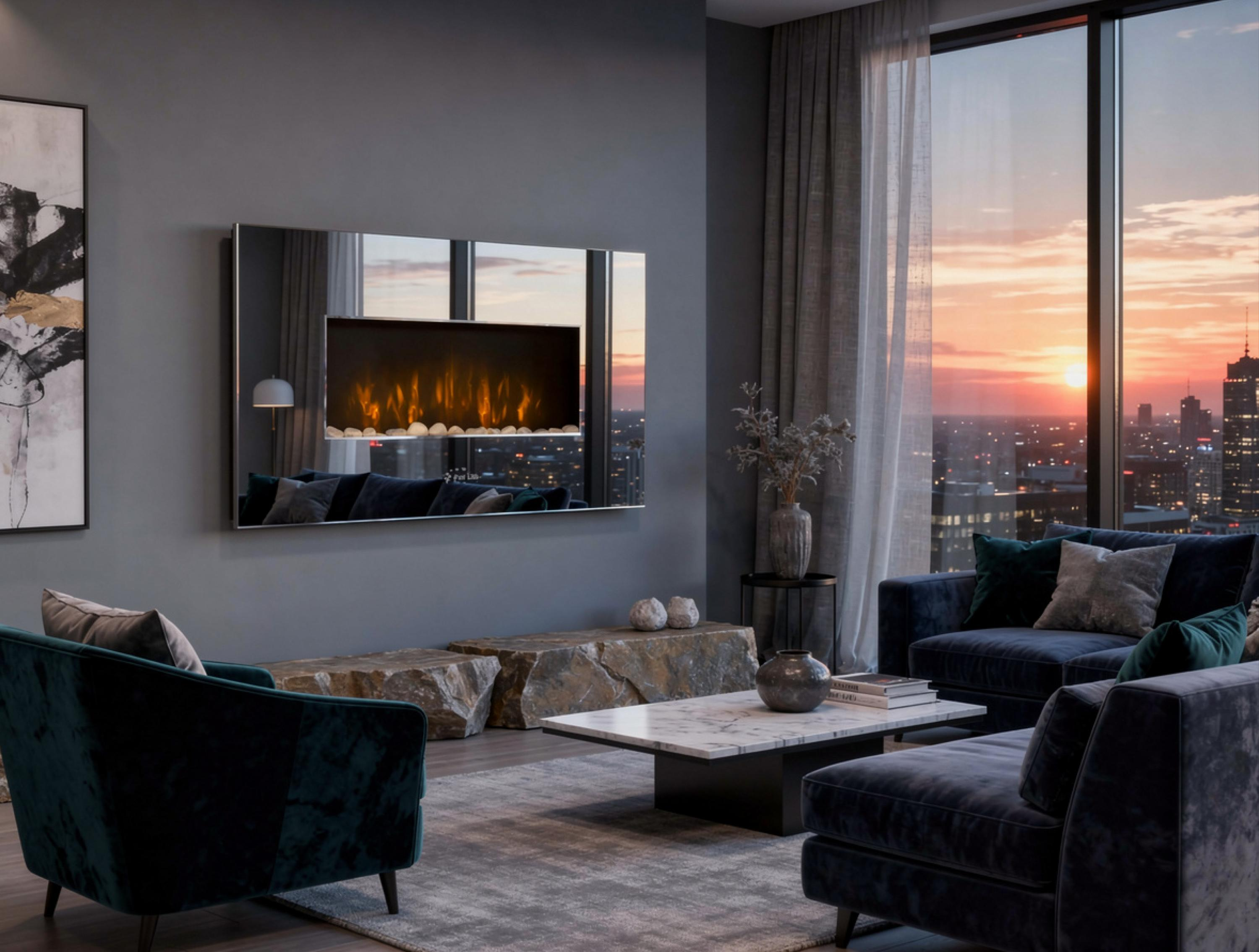 Luxuriöses Wohnzimmer mit Kamin, dunklen Sofas und Blick auf den Sonnenuntergang.