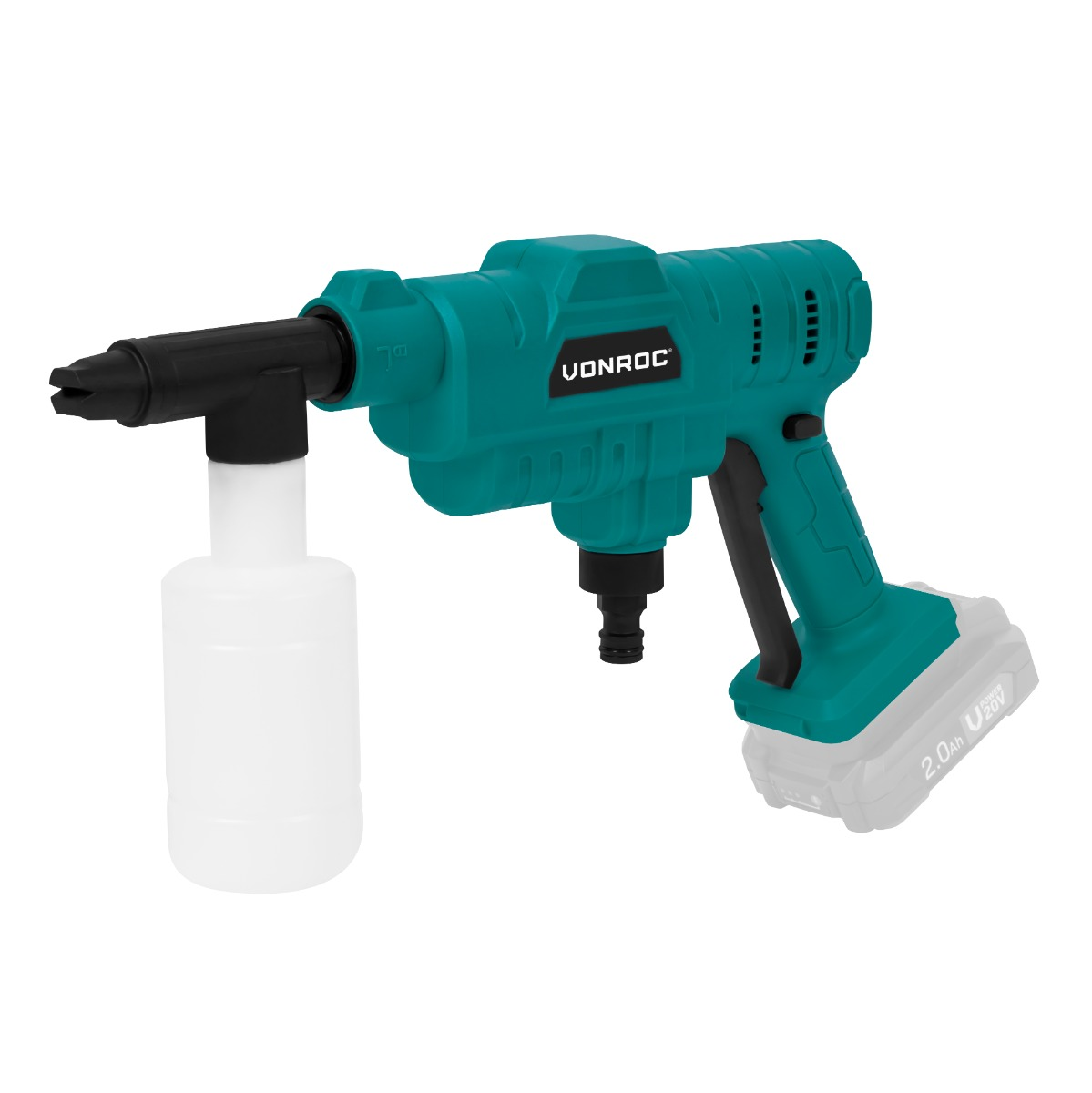 Een turquoise hogedrukreiniger met zwarte spuitmond, zeepfles en 20V accu.