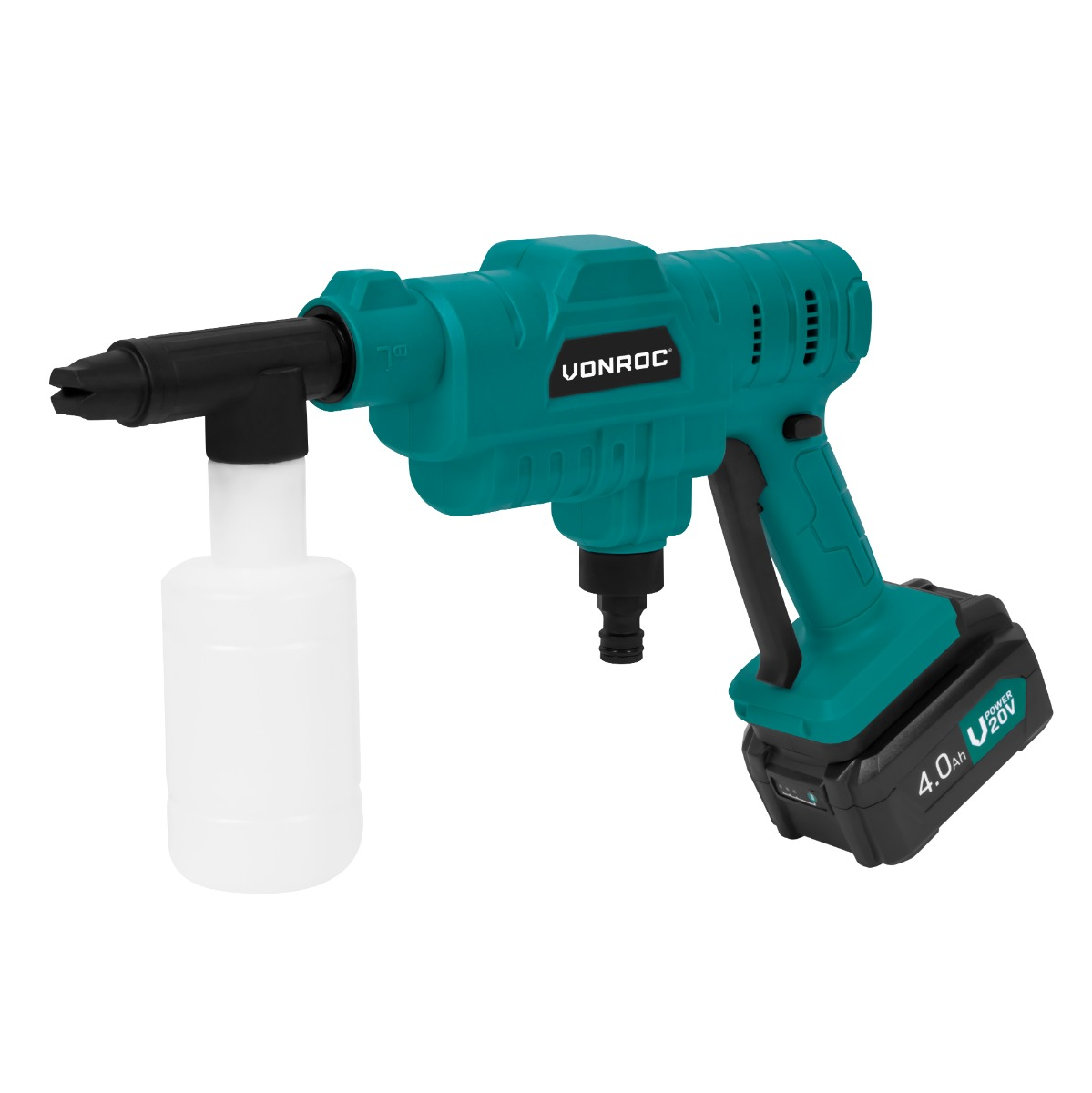 Teal cordless pressure washer with foam dispenser and 20V 4Ah battery.