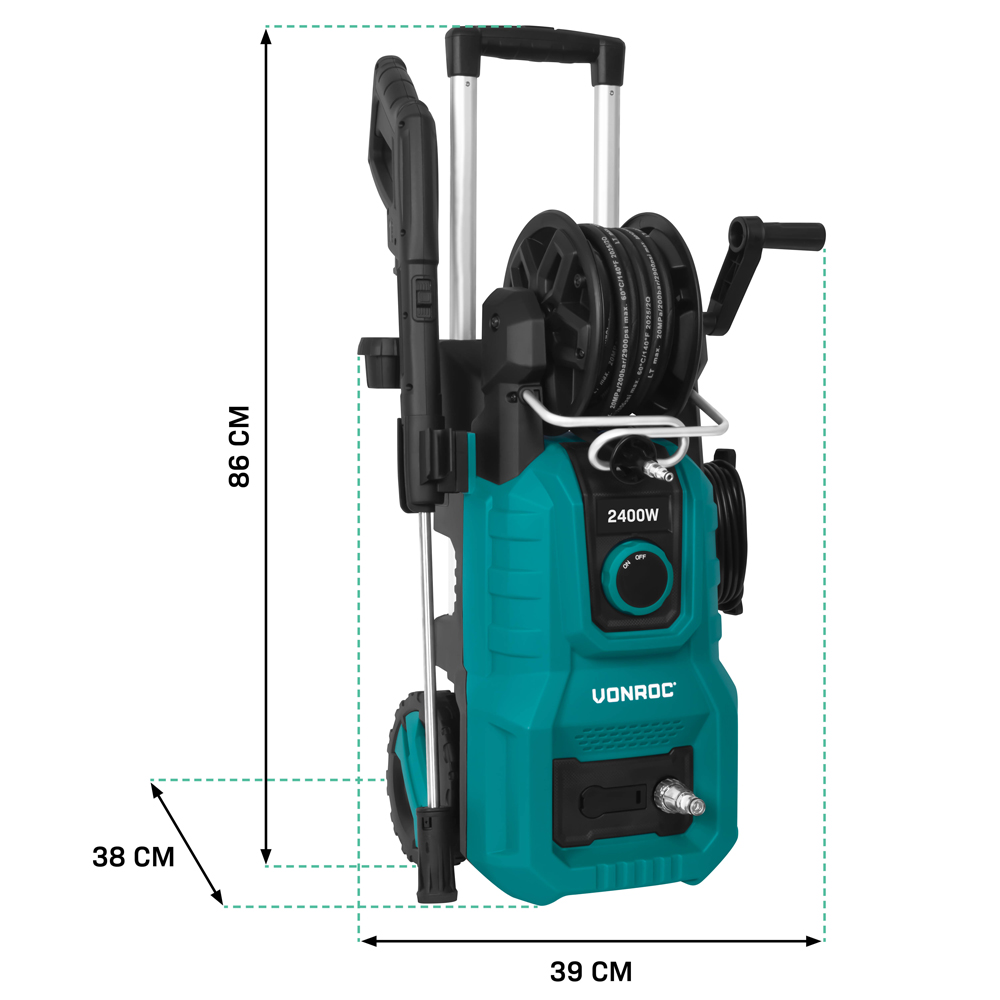 Een turquoise hogedrukreiniger met wielen, handvat en slanghaspel. Afmetingen: 86x39x38 cm.