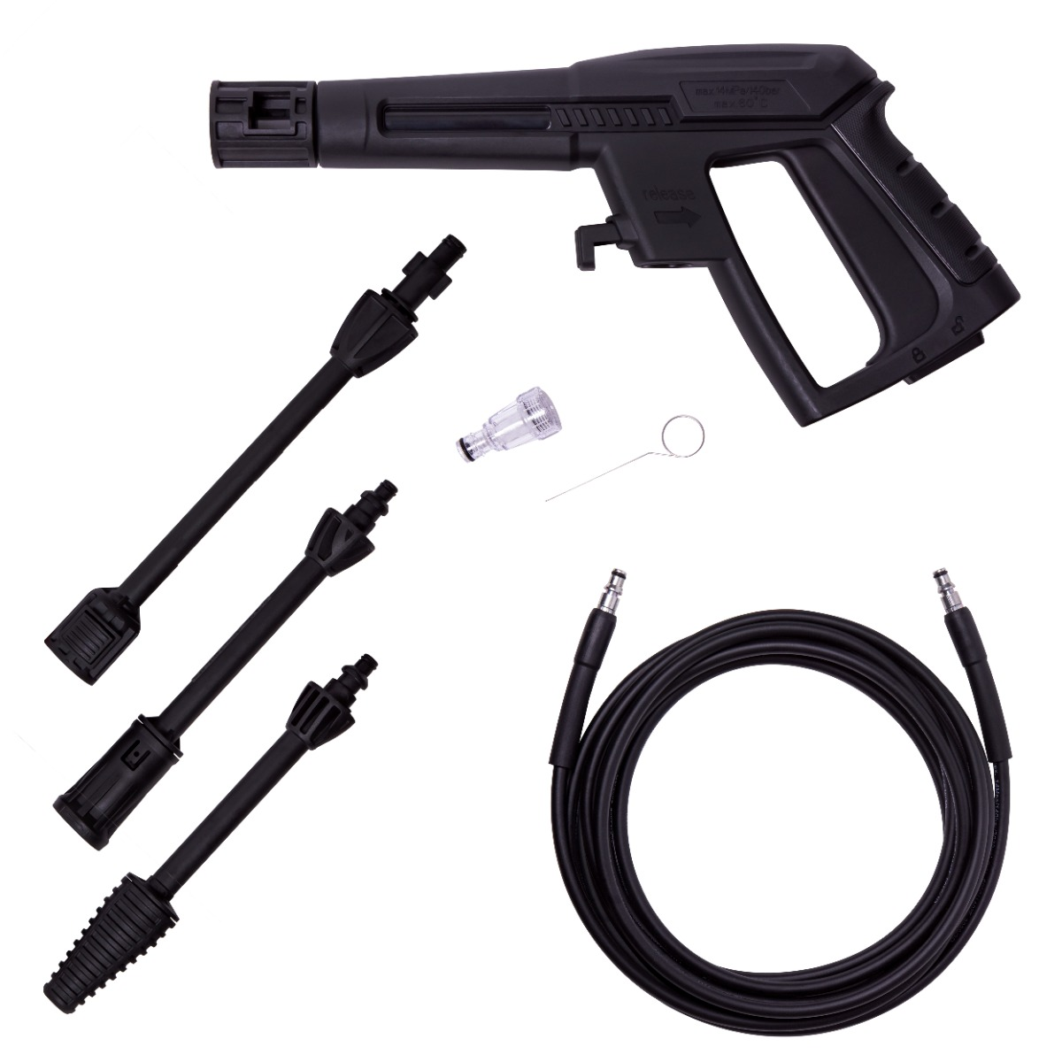 Een zwart hogedrukreinigerpistool met accessoires, slangen en sproeiers.