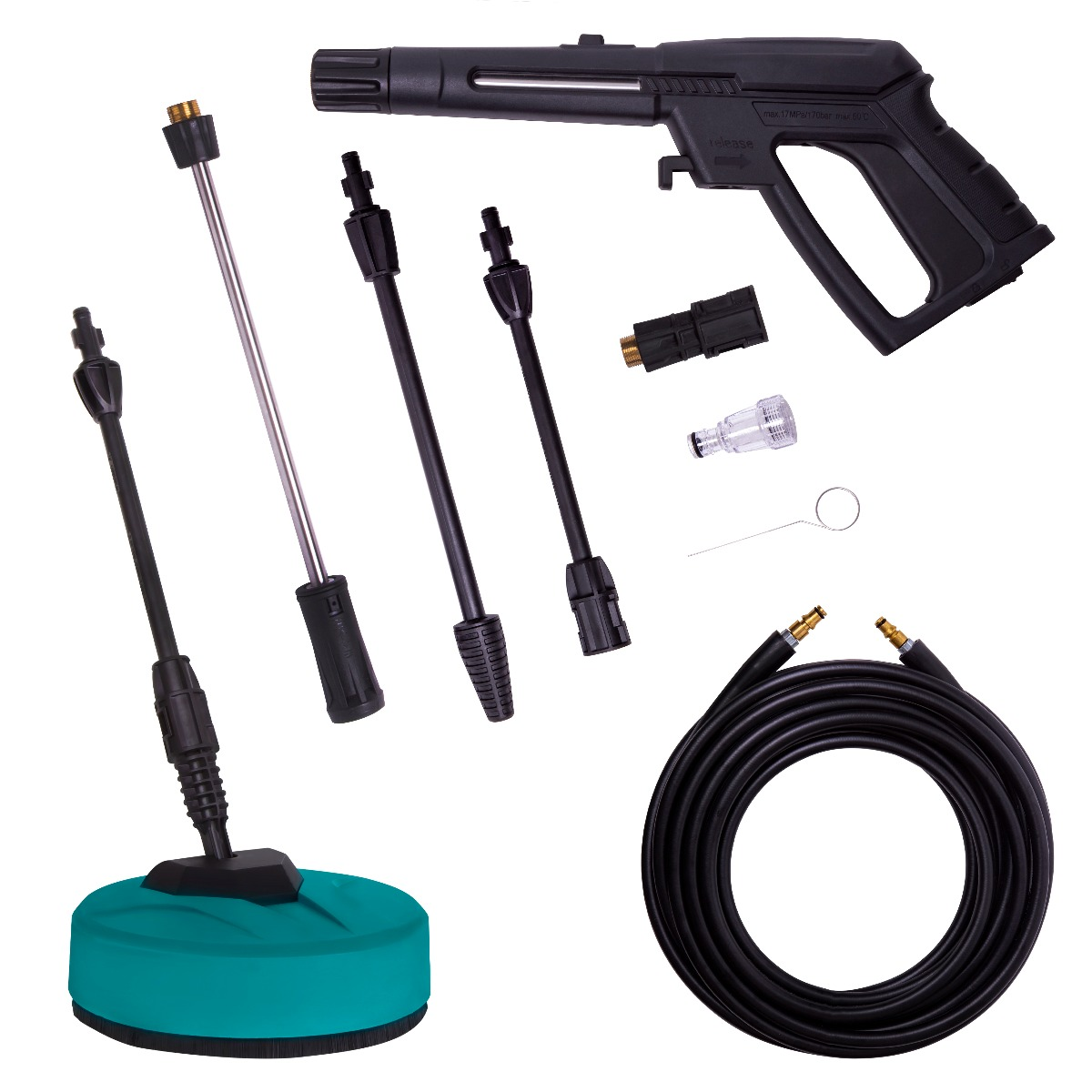 Een zwart hogedrukreinigerpistool met accessoires, inclusief slangen en hulpstukken.