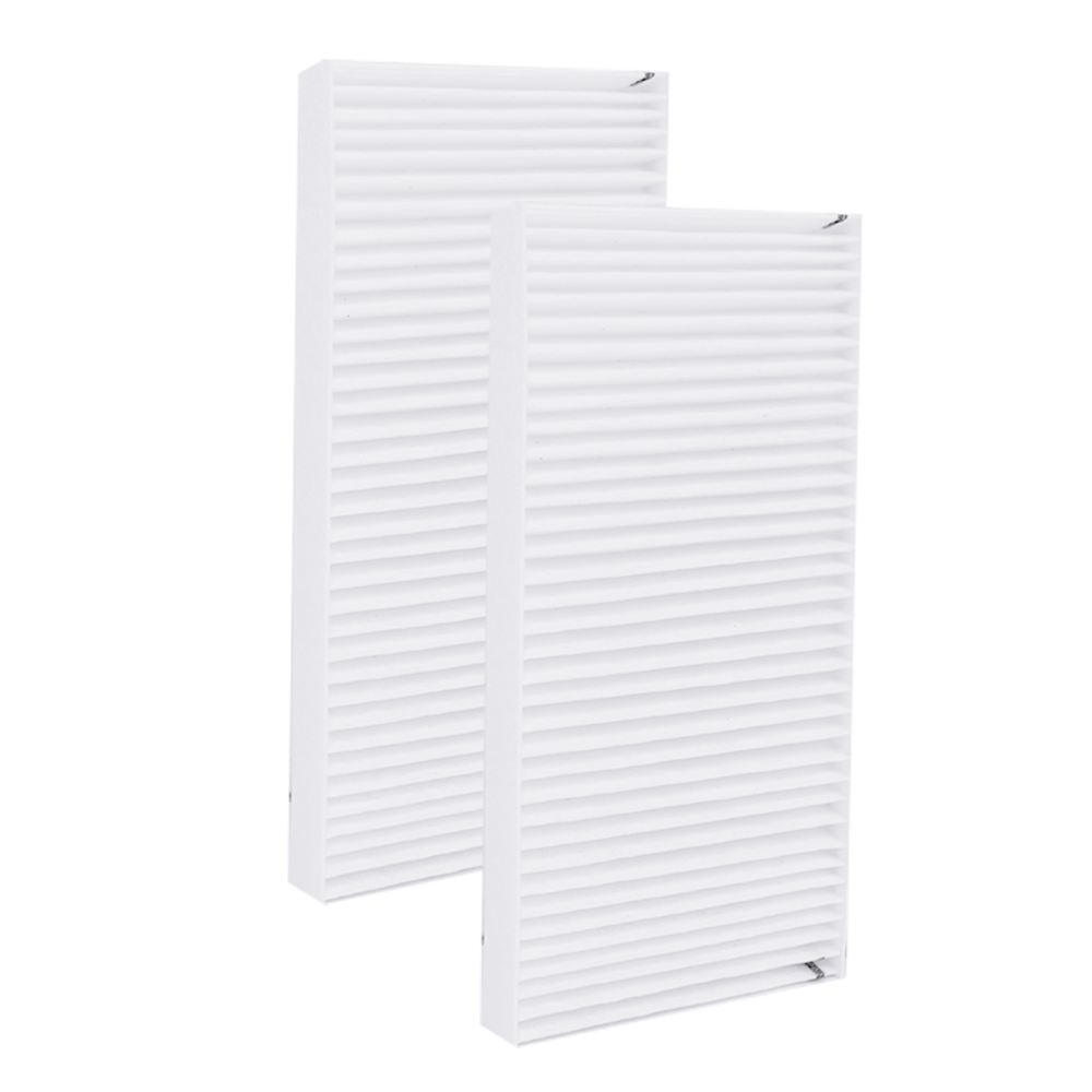 Zwei weiße, rechteckige Luftfilter mit horizontalen Lamellen, nebeneinander.