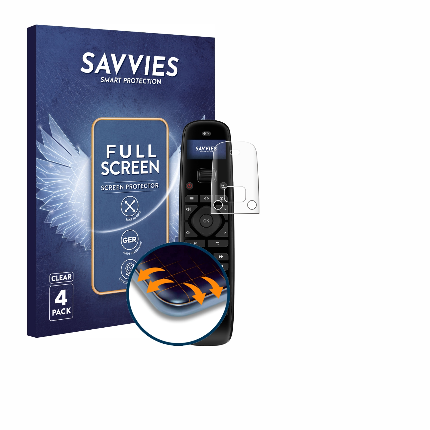 Savvies Vollbild-Displayschutzfolie mit Fernbedienung und Verpackung.
